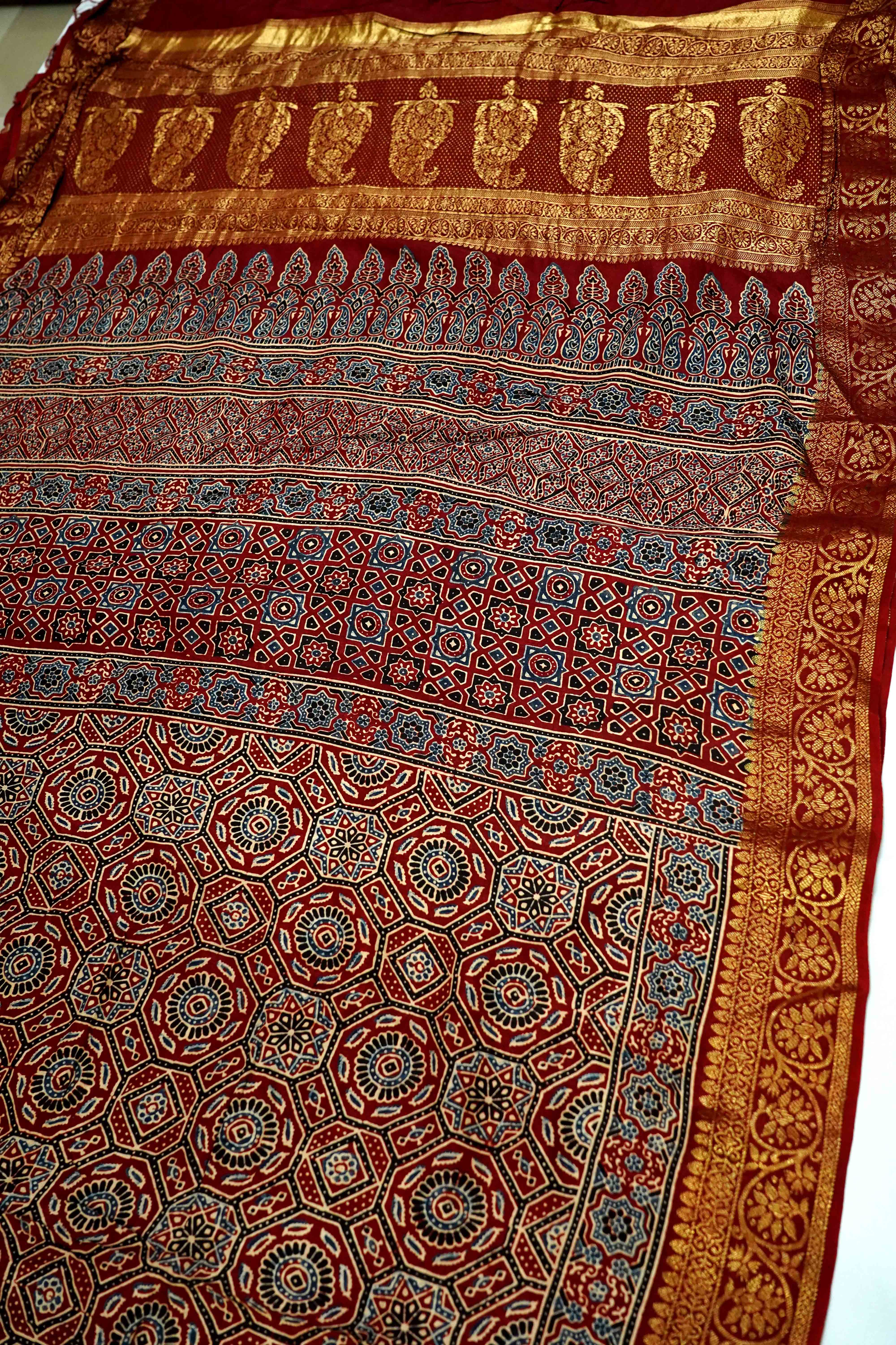 BURGUNDY  DOLA AJARAKH SILK SAREE - Queens Jewel Emporium