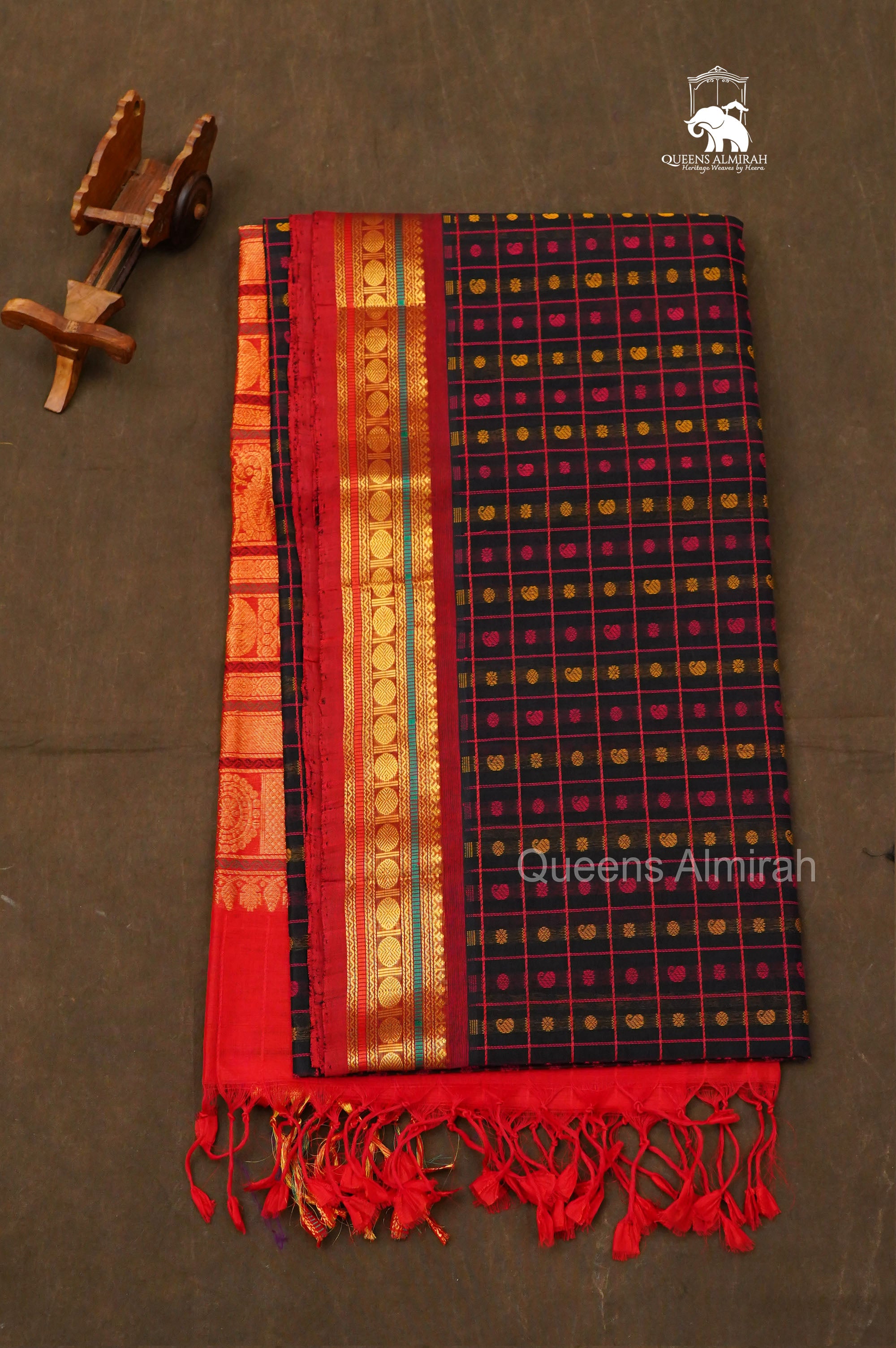 Black Kattam With Maroon Pure Silk Cotton Saree