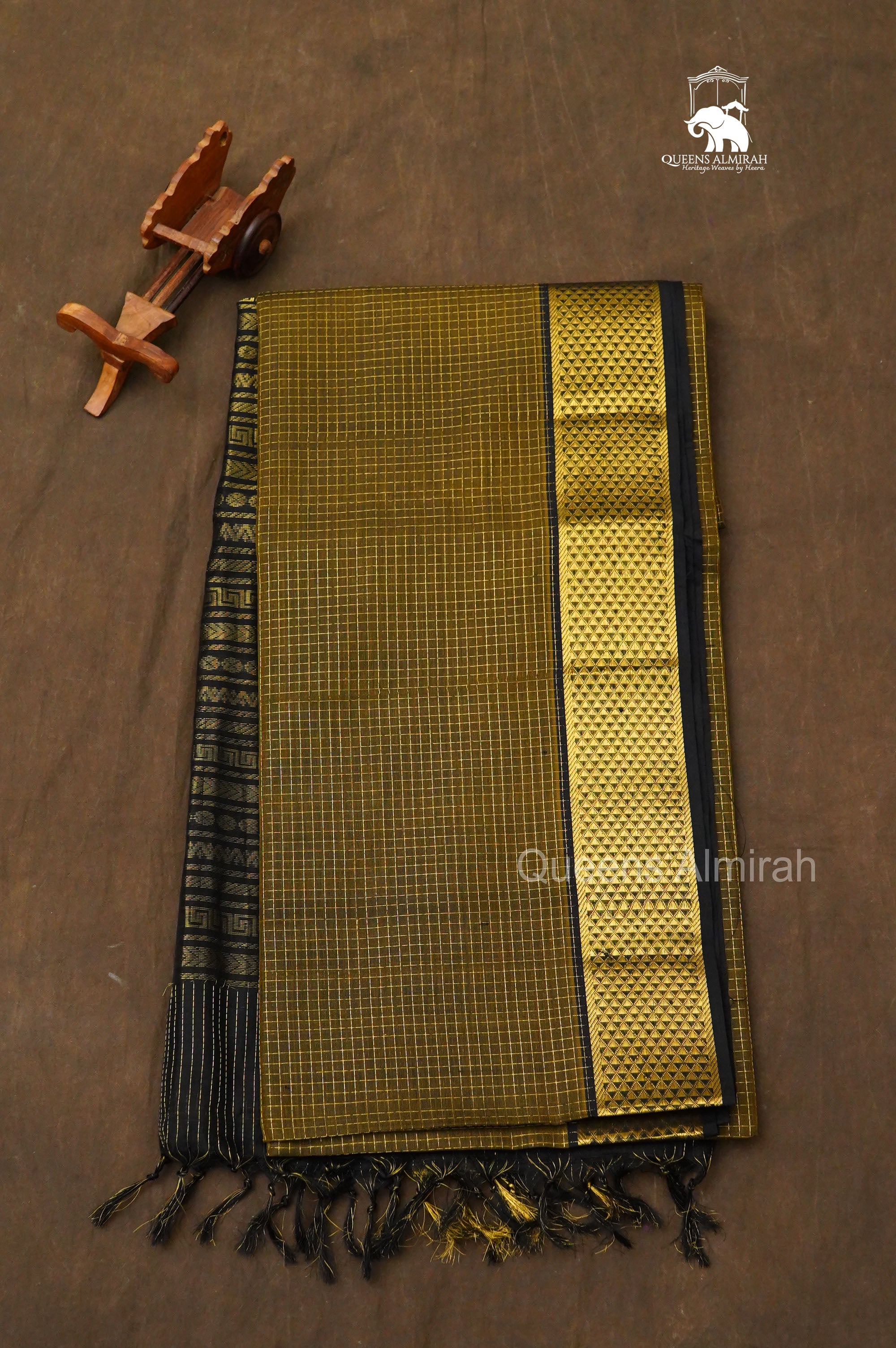 Mustard Green With Black Pure Silk Cotton Saree