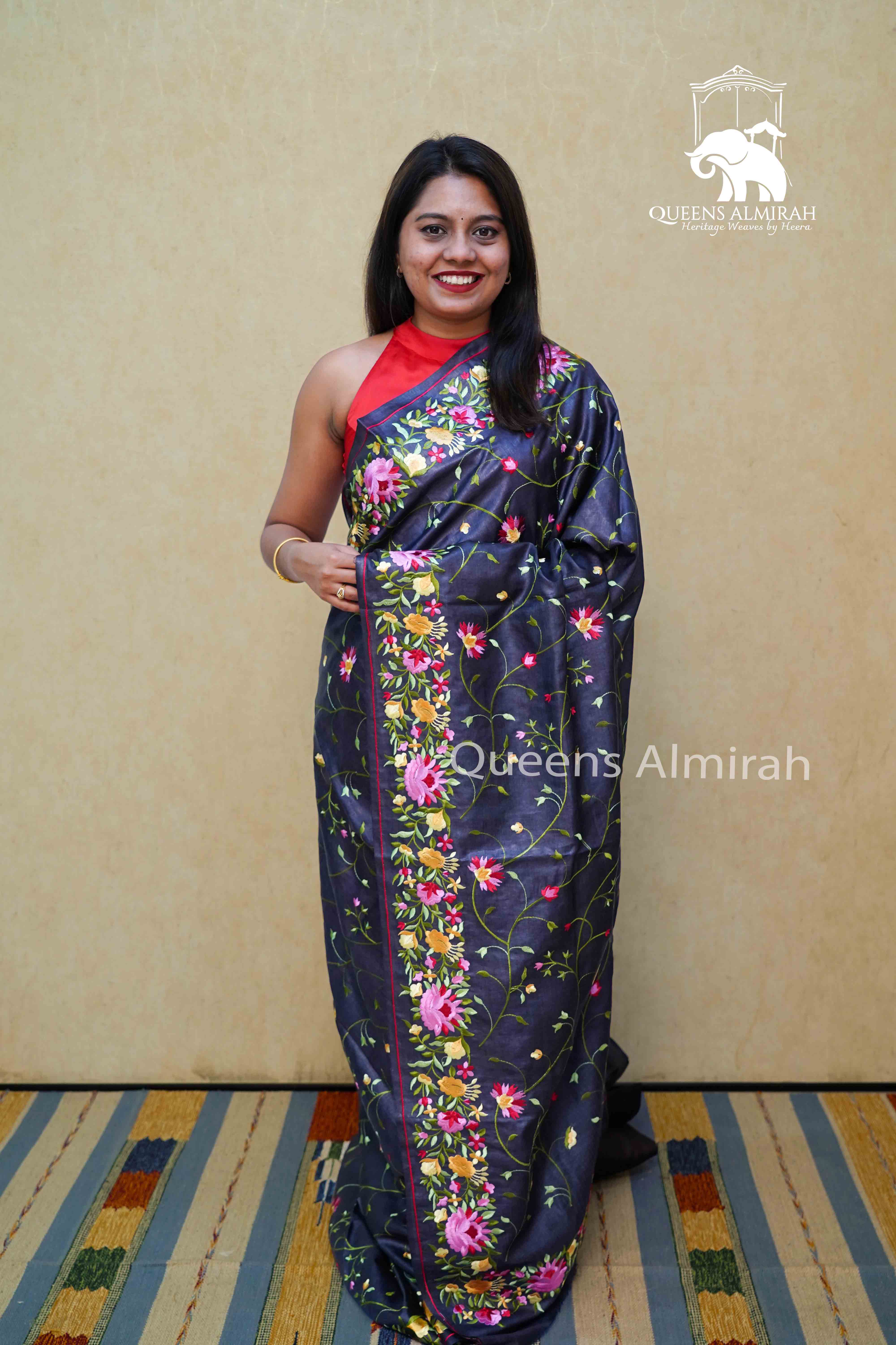 CHARCOAL GREY TUSSUR SILK PARSI EMBROIDERY SAREE - Queens Jewel Emporium