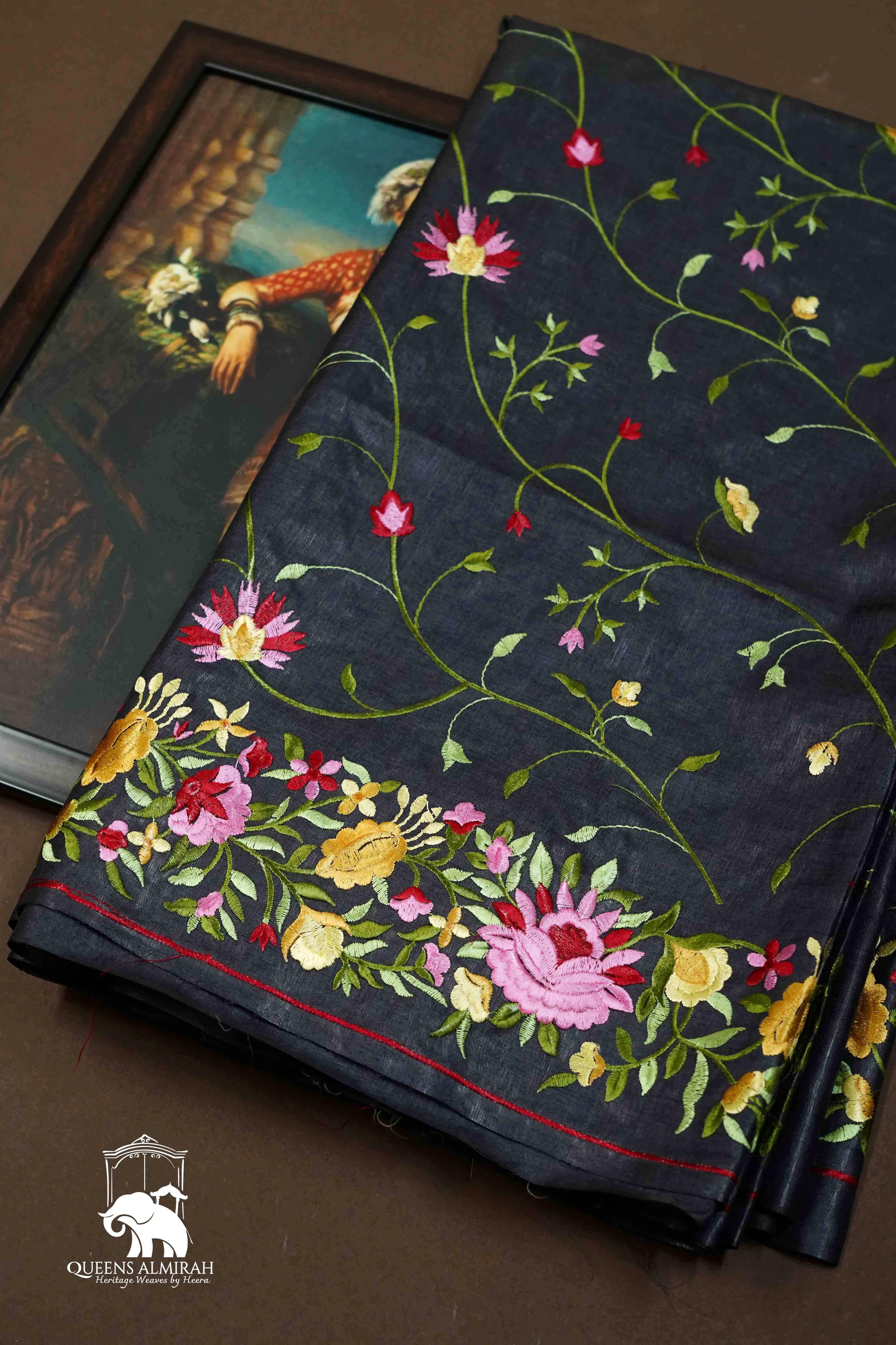 CHARCOAL GREY TUSSUR SILK PARSI EMBROIDERY SAREE - Queens Jewel Emporium