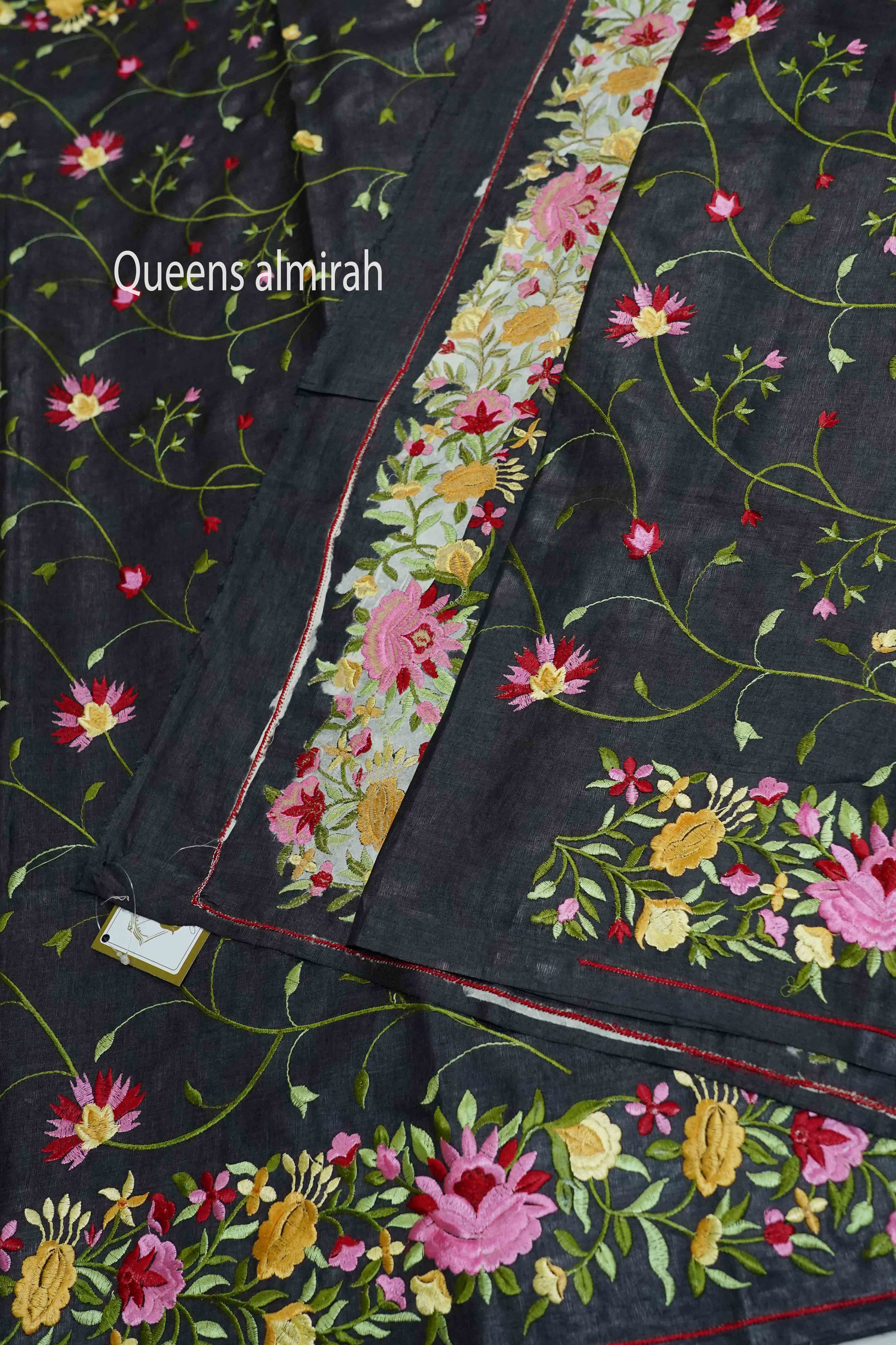 CHARCOAL GREY TUSSUR SILK PARSI EMBROIDERY SAREE - Queens Jewel Emporium