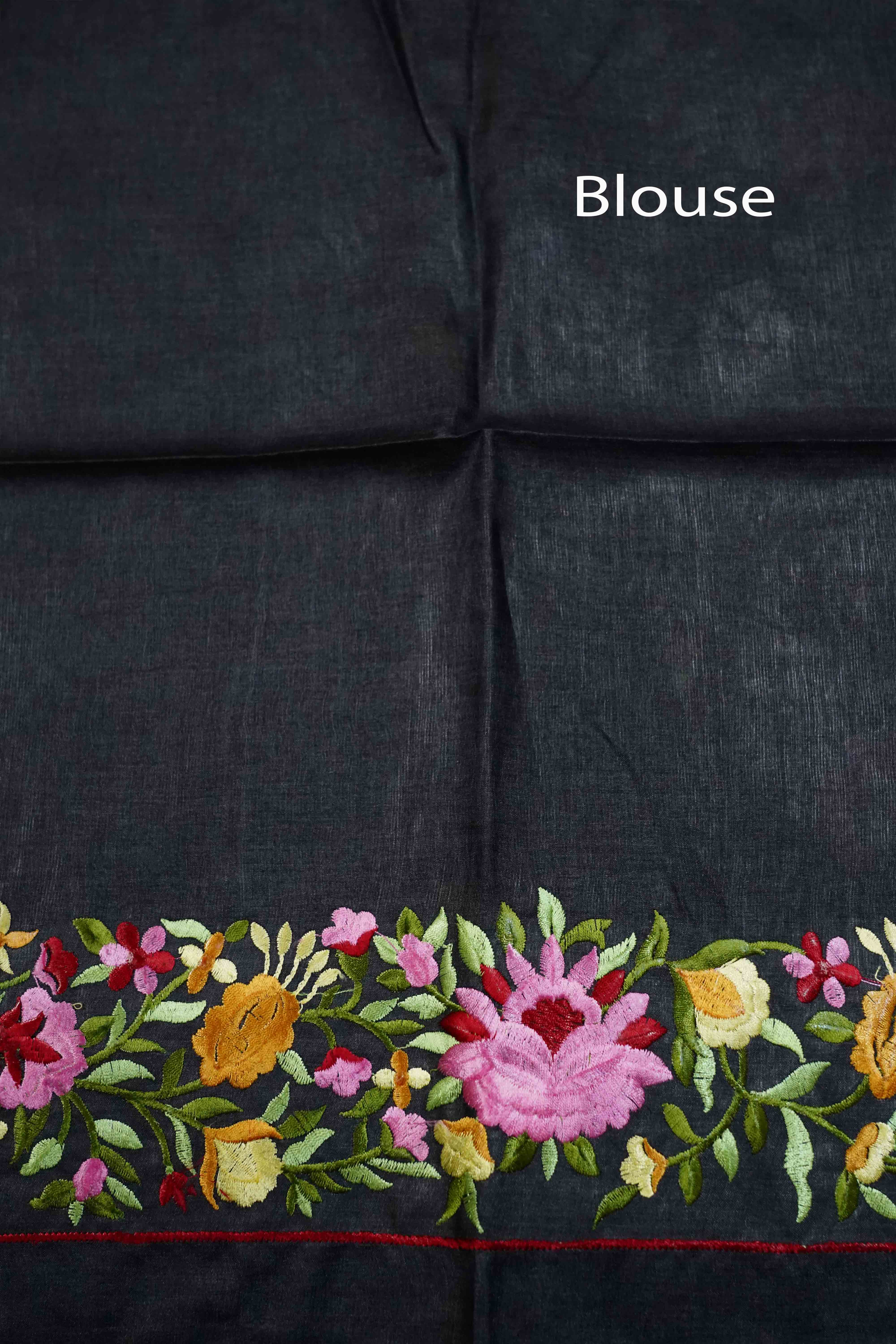 CHARCOAL GREY TUSSUR SILK PARSI EMBROIDERY SAREE - Queens Jewel Emporium