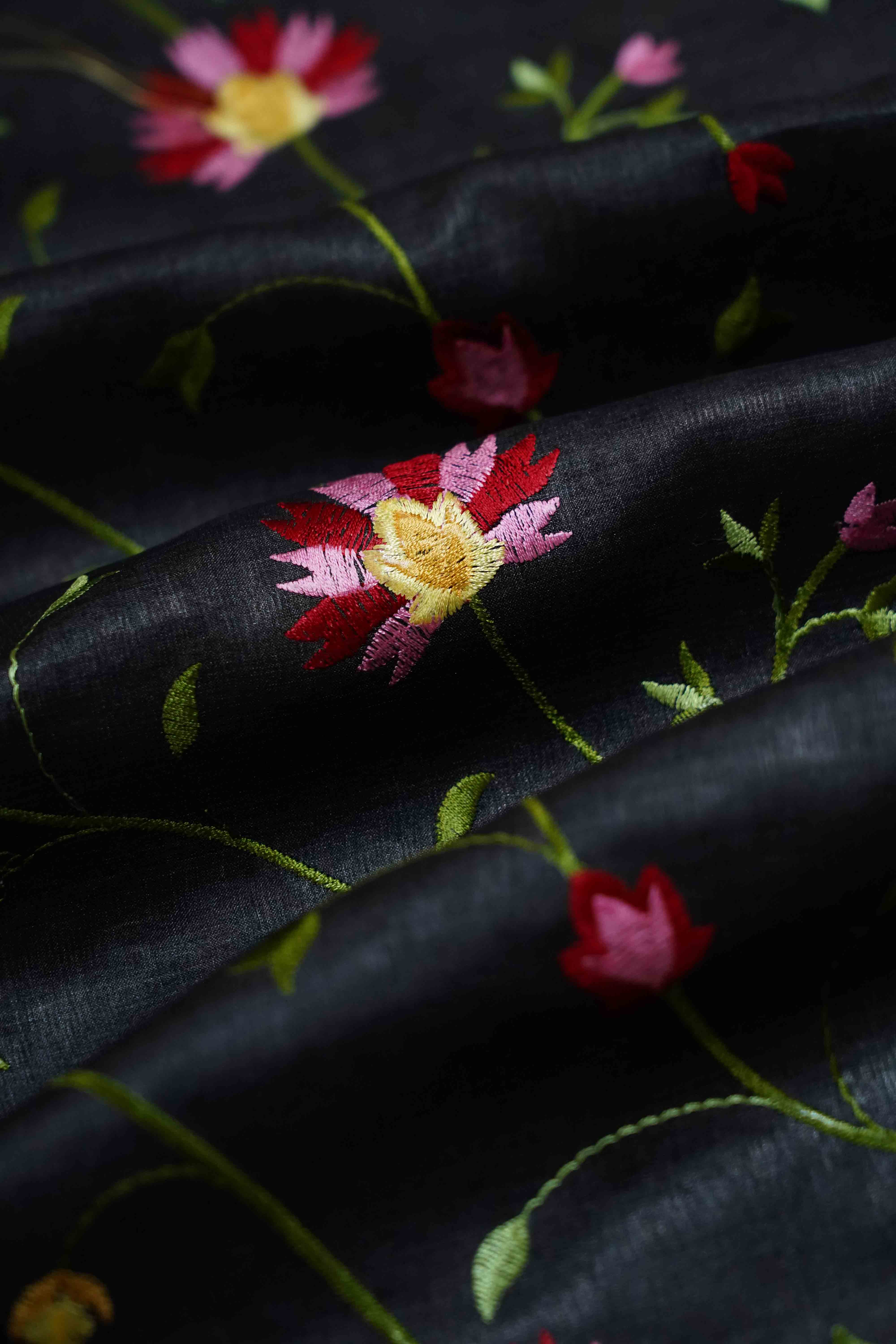 CHARCOAL GREY TUSSUR SILK PARSI EMBROIDERY SAREE - Queens Jewel Emporium