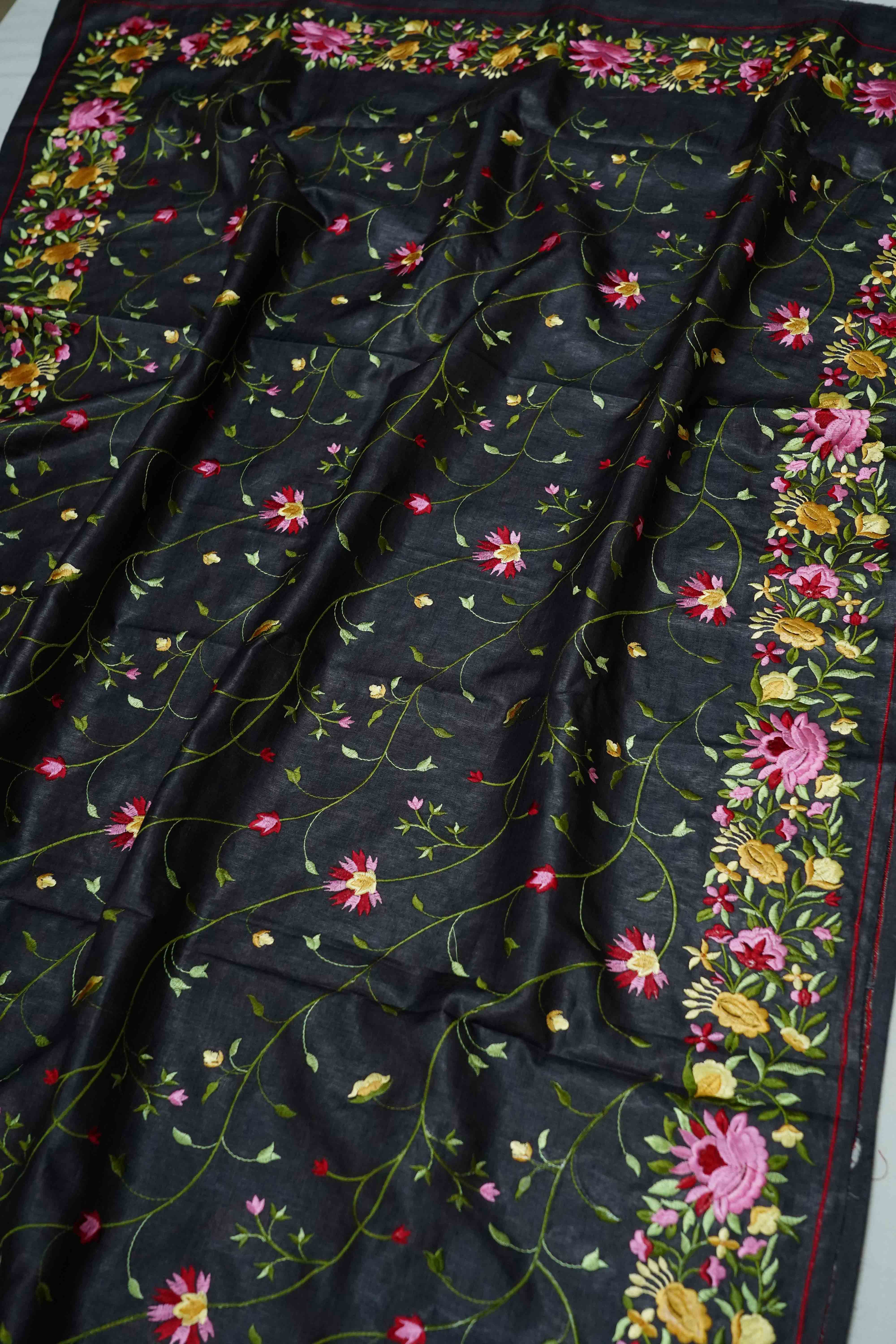 CHARCOAL GREY TUSSUR SILK PARSI EMBROIDERY SAREE - Queens Jewel Emporium