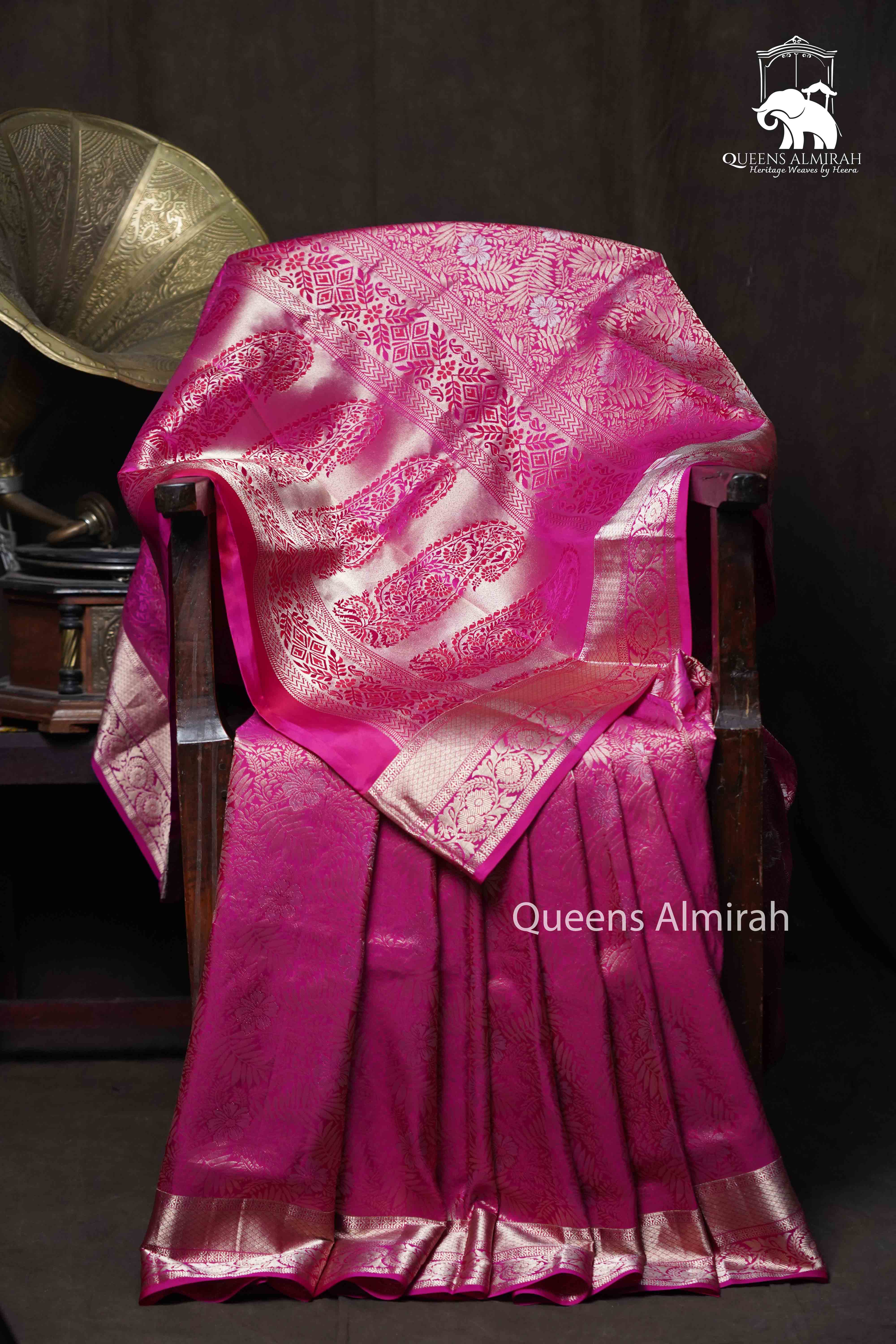 CHERRY PINK WITH WOVEN BORDER BANARASI SILK SAREE - Queens Jewel Emporium