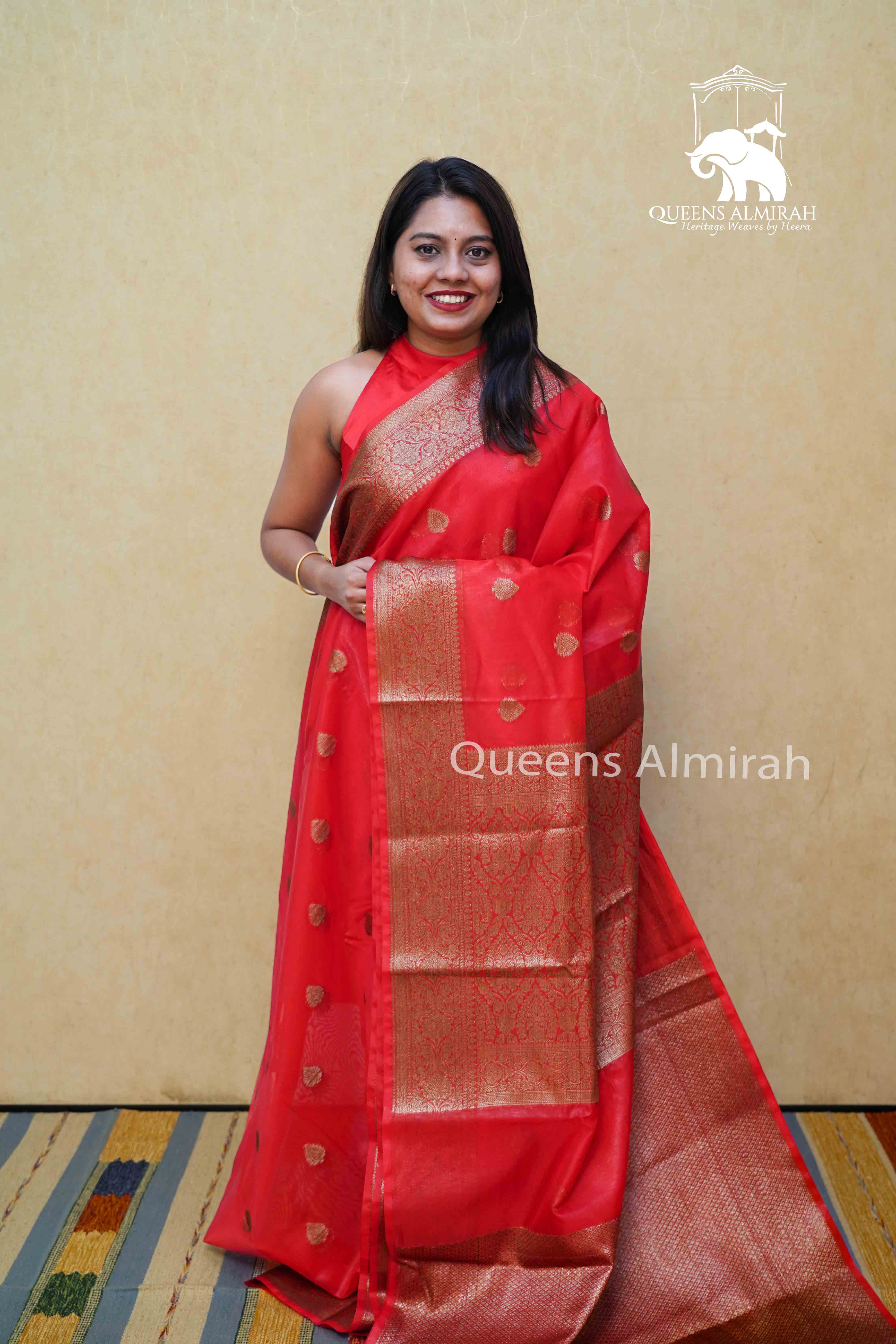 CHILLY PEPPER RED KORA ORGANZA SAREE - Queens Jewel Emporium