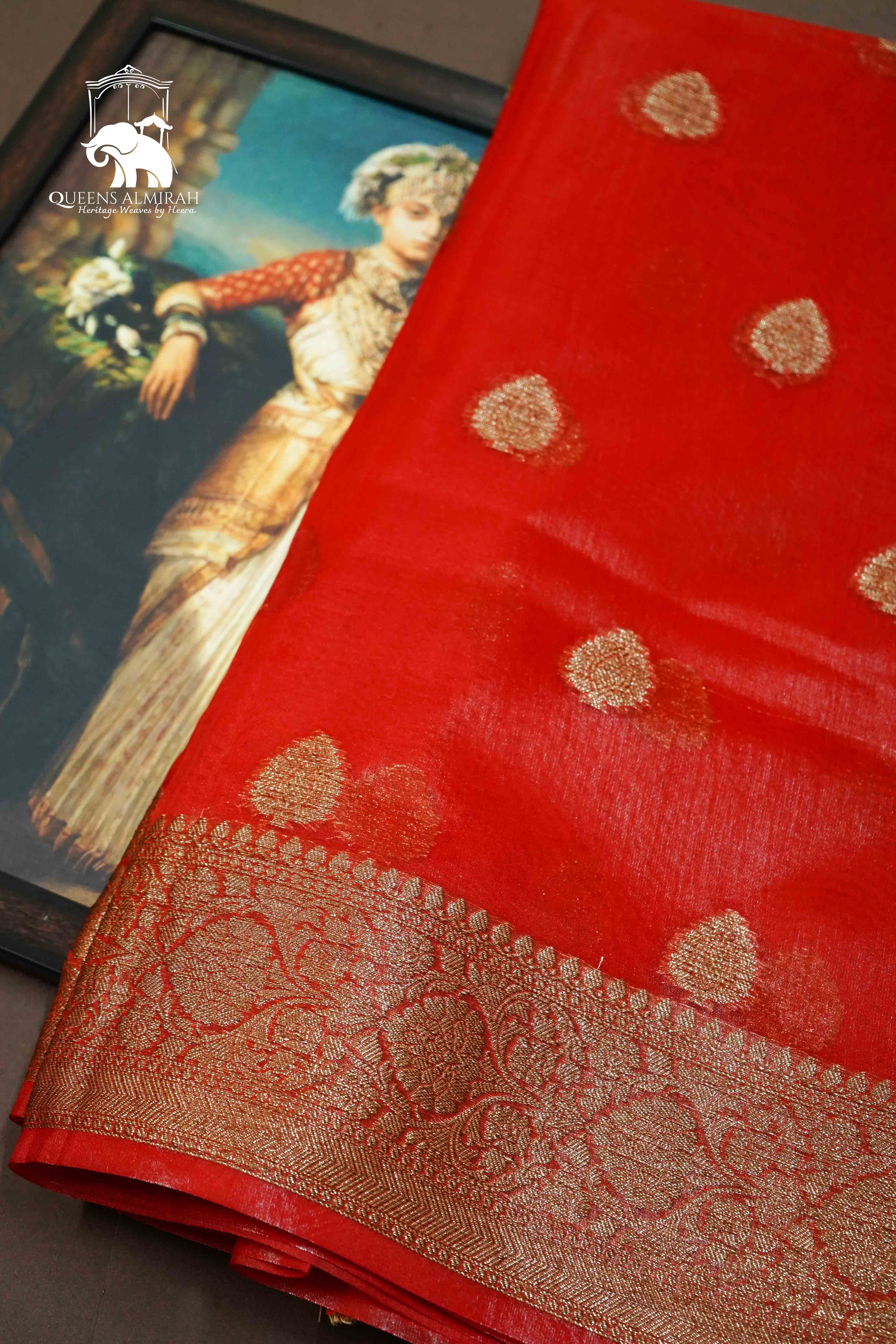 CHILLY PEPPER RED KORA ORGANZA SAREE - Queens Jewel Emporium