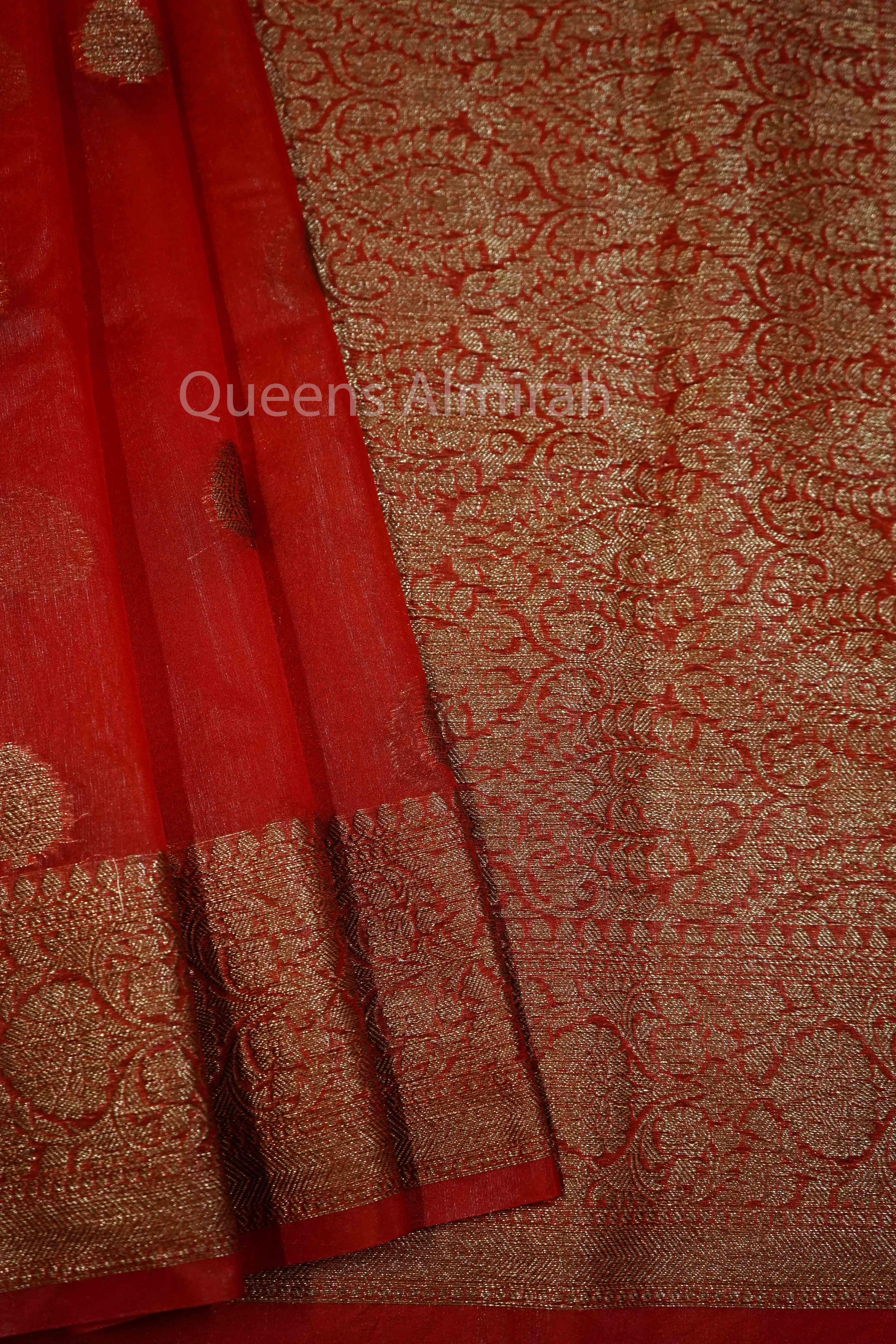 CHILLY PEPPER RED KORA ORGANZA SAREE - Queens Jewel Emporium