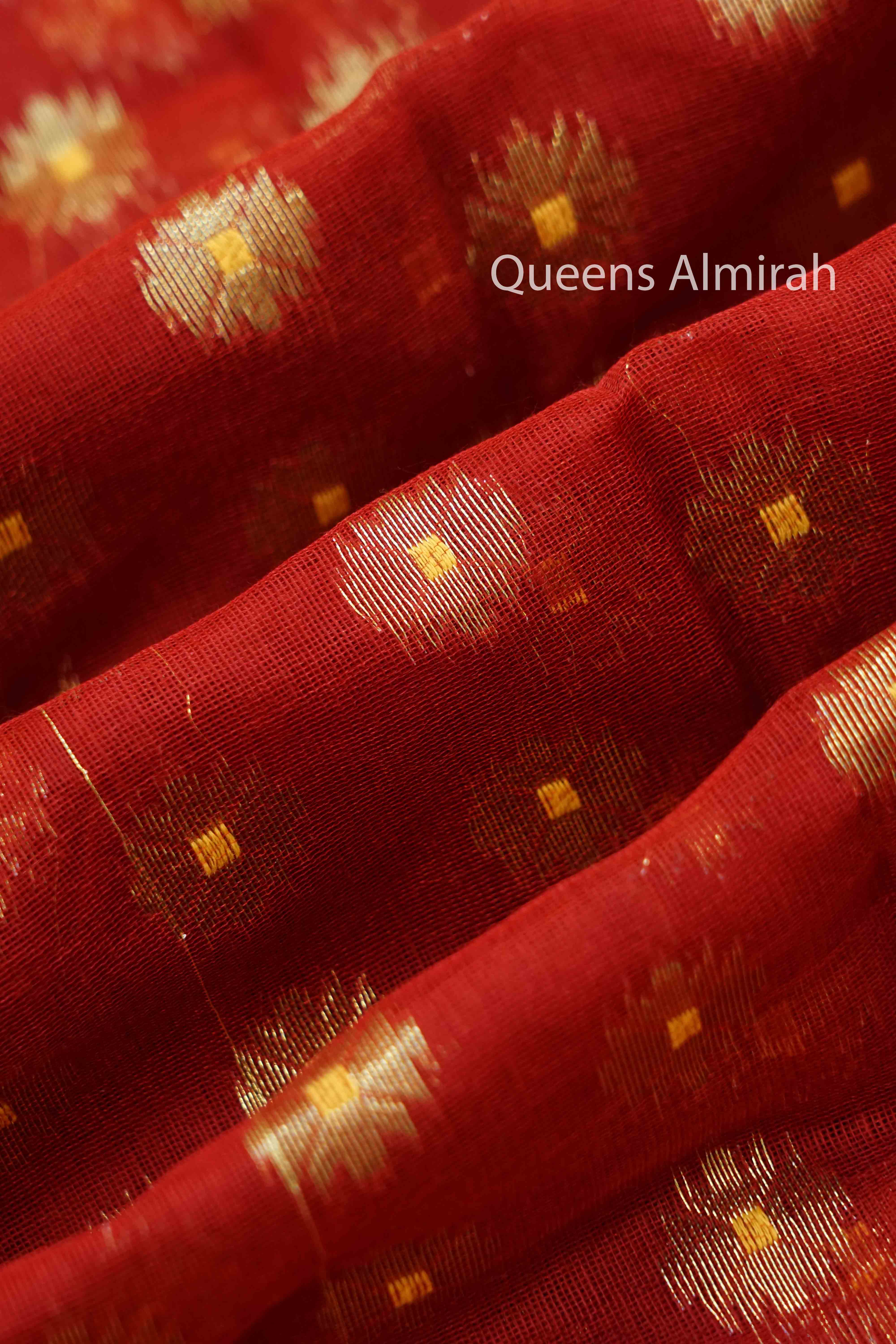 CHILLY RED WITH YELLOW  JAMDANI COTTON SAREE - Queens Jewel Emporium