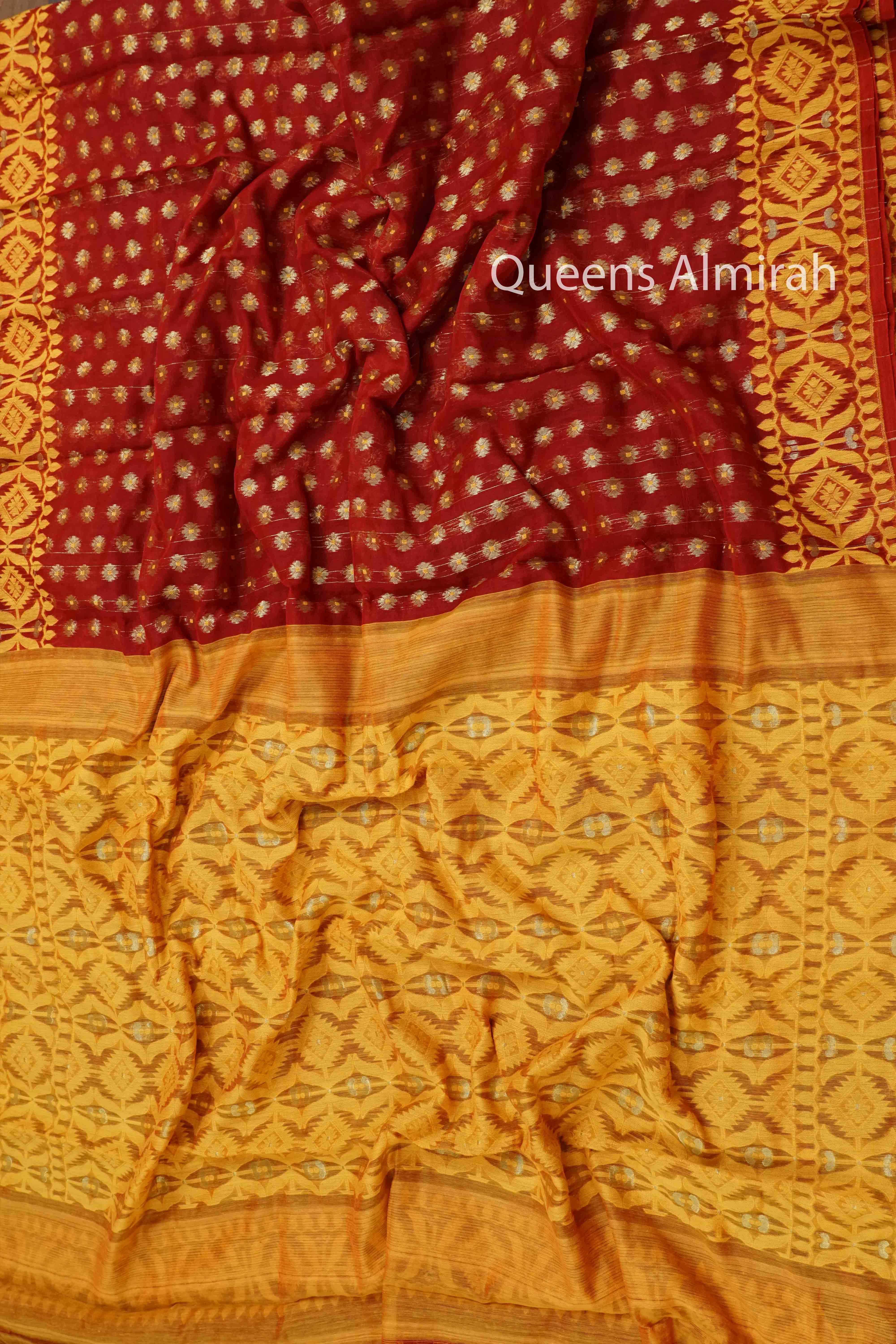 CHILLY RED WITH YELLOW  JAMDANI COTTON SAREE - Queens Jewel Emporium