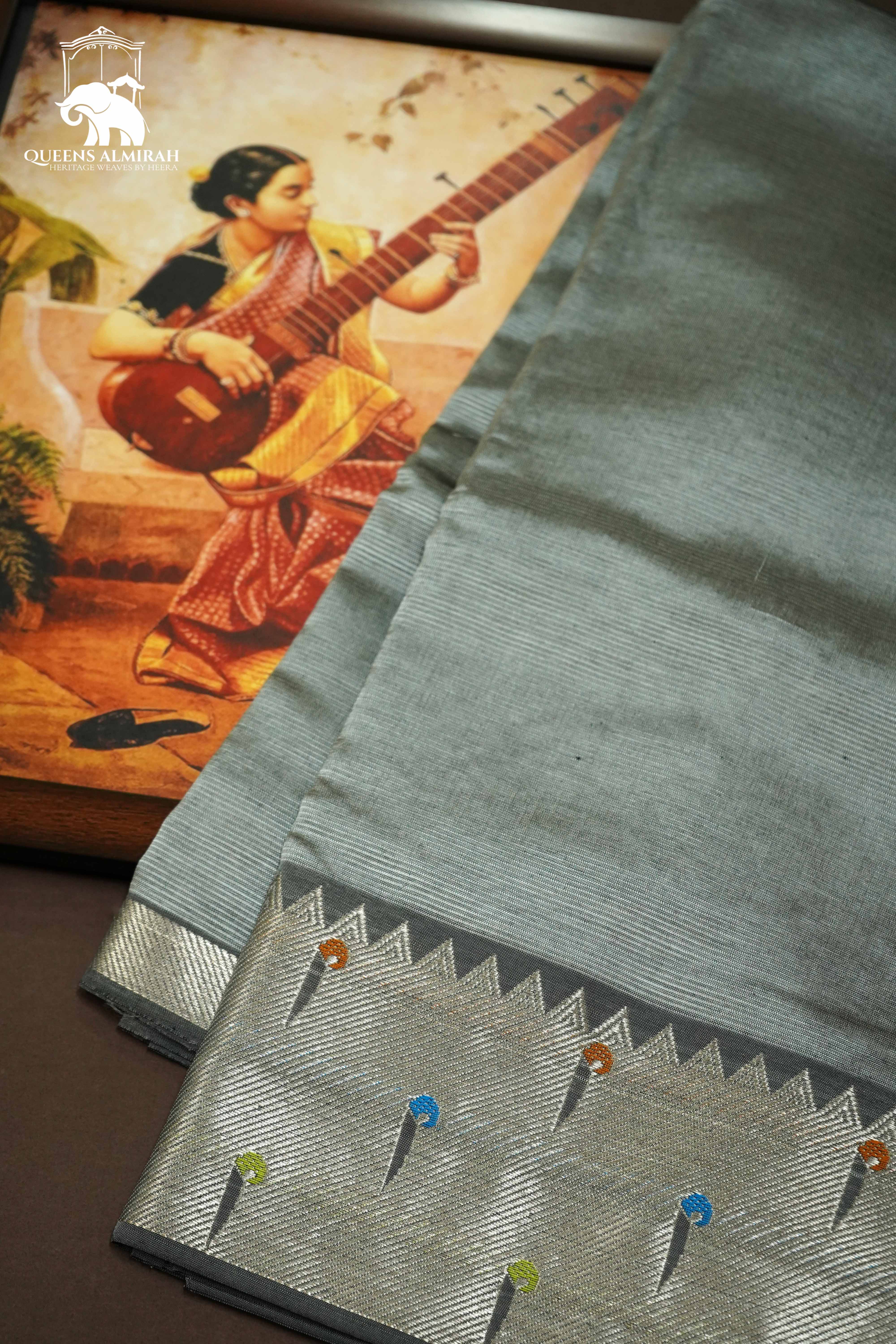 CLOUDY GREY WITH PAITHANI BORDER MANGALGIRI SAREE - Queens Jewel Emporium