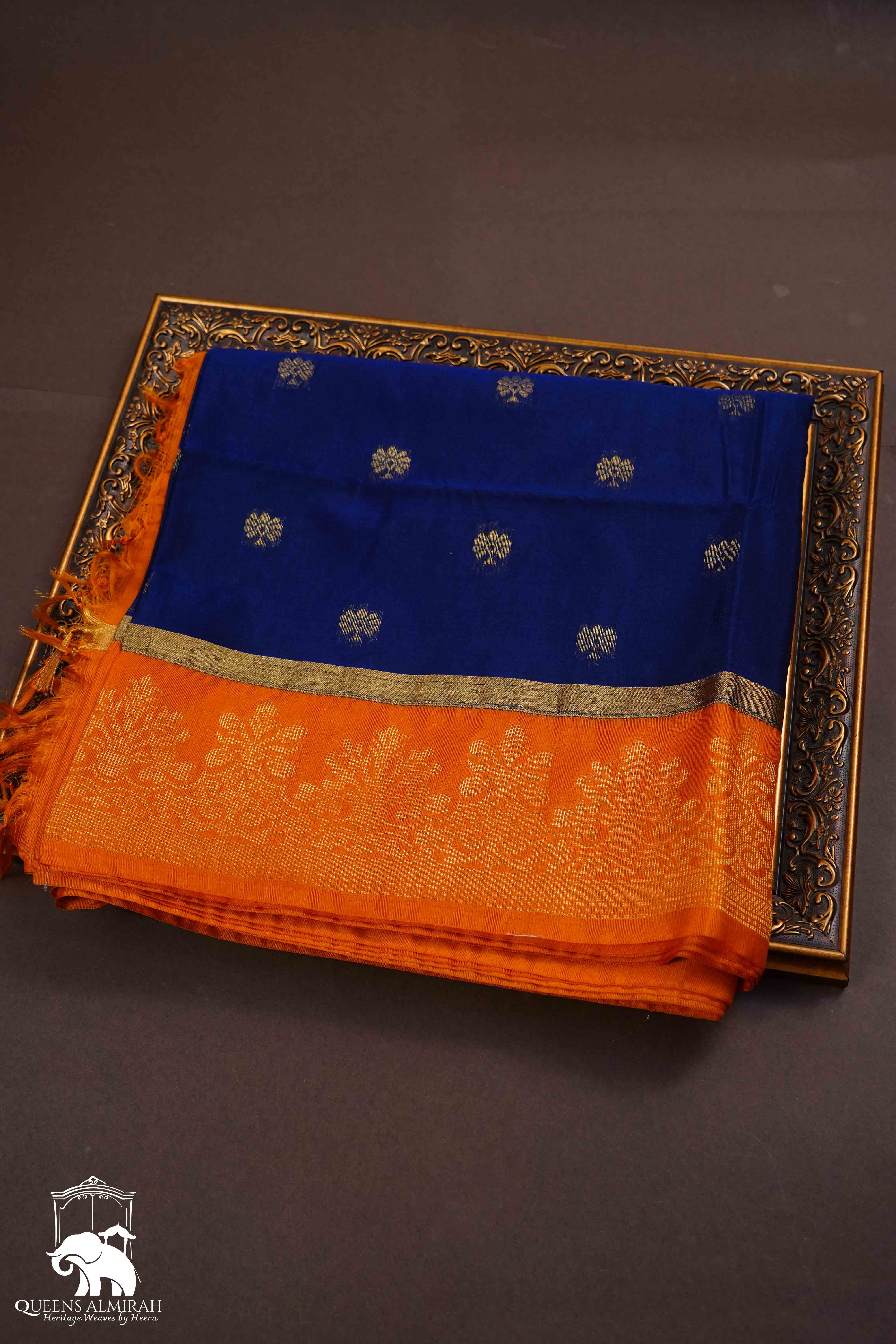 COBELT BLUE WITH DUSKY ORANGE PURE SILK COTTON SAREE - Queens Jewel Emporium