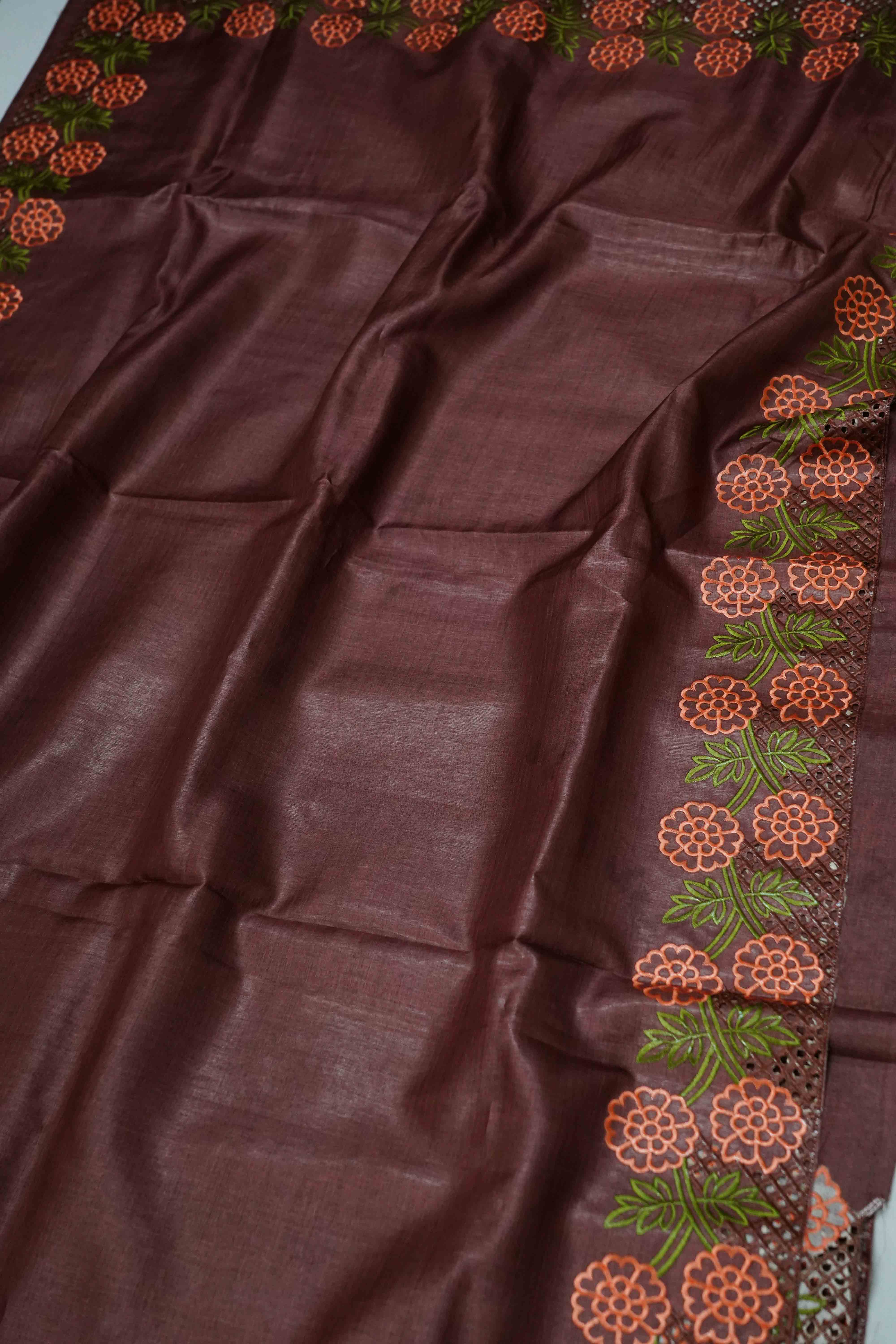 COCOA BROWN  PURE TUSSAR SILK SAREE - Queens Jewel Emporium