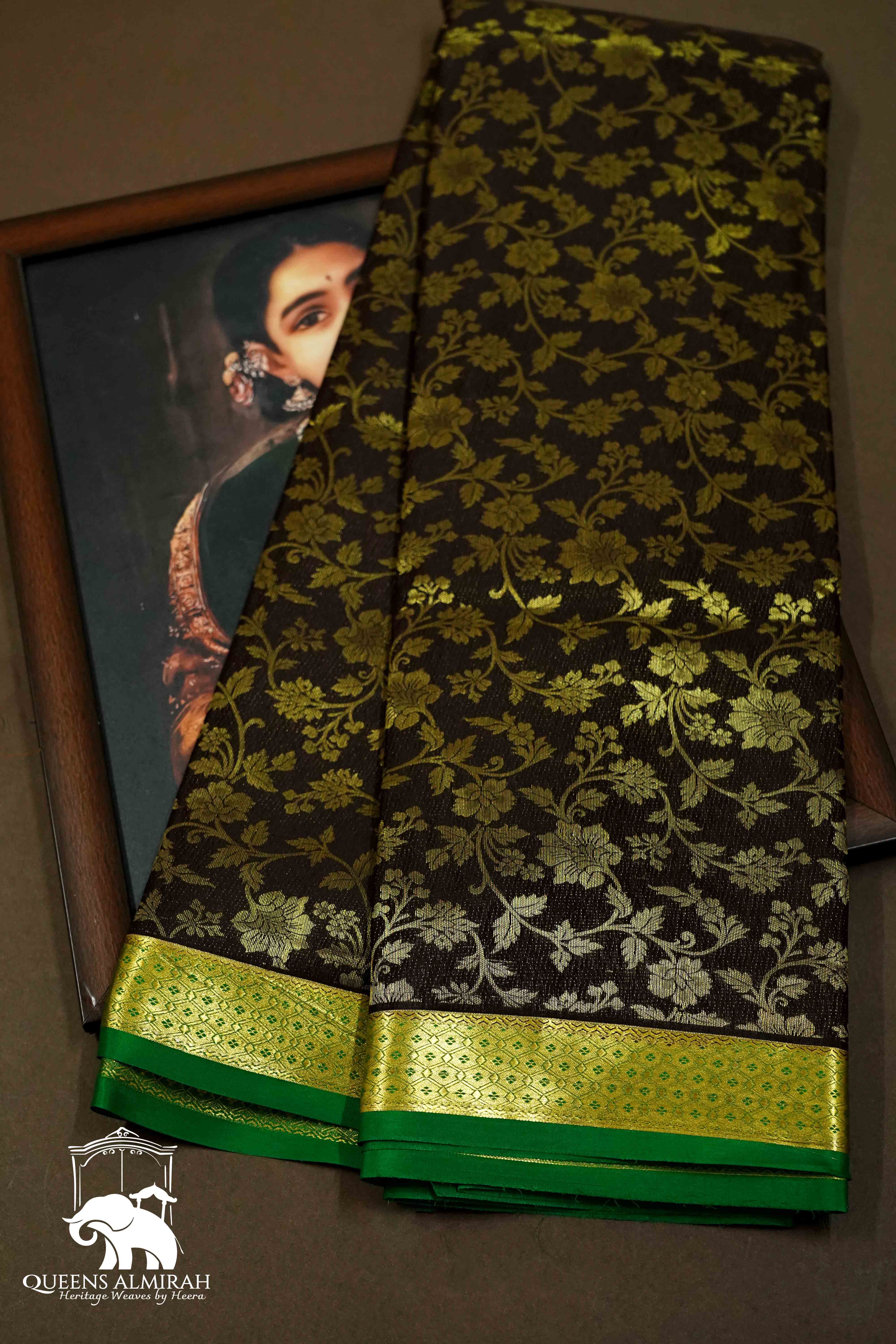 COCOA BROWN WITH LEAF GREEN MYSORE SILK SAREE - Queens Jewel Emporium