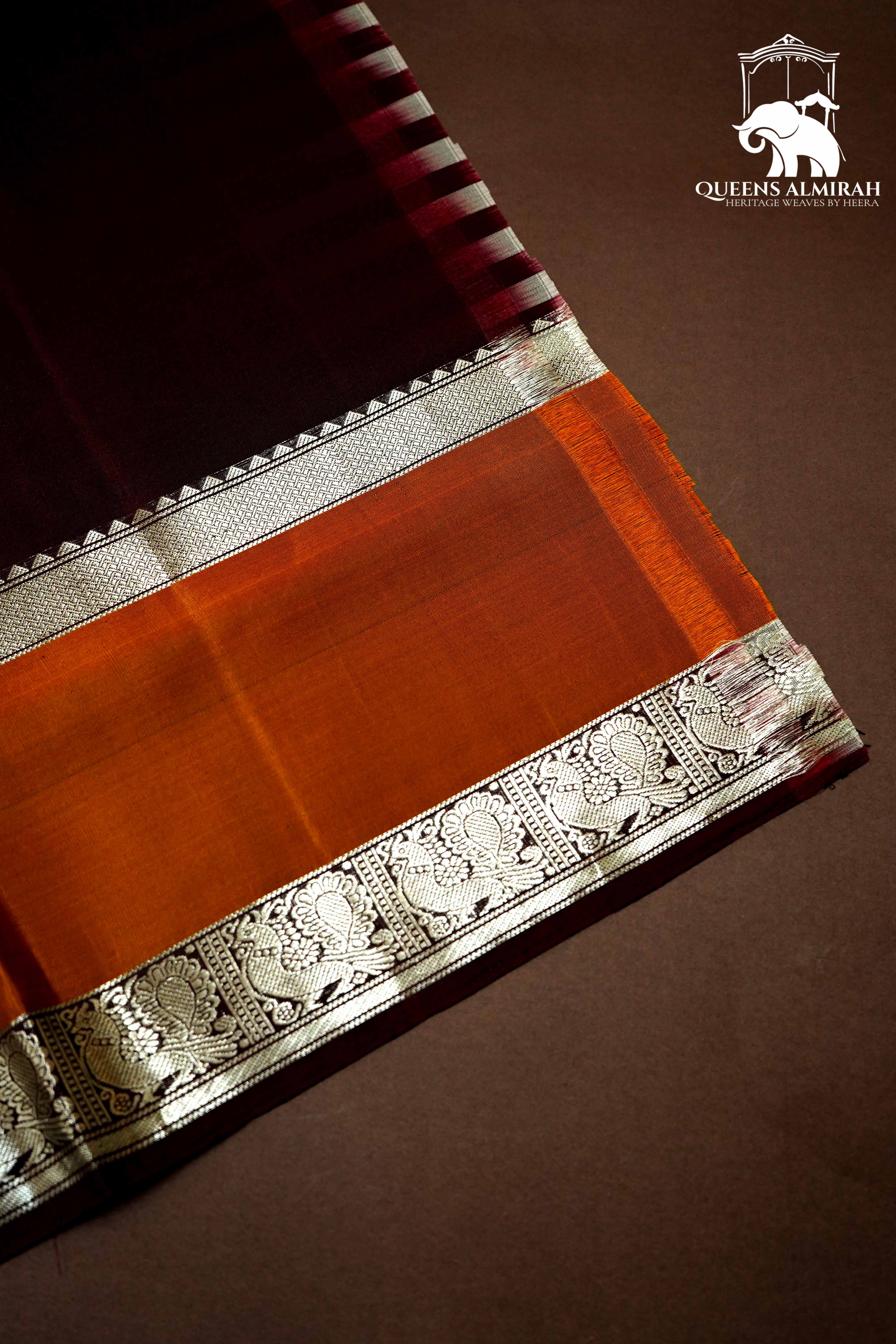 COFFEE BEAN BROWN WITH FIERY ORANGE SOFT SILK SAREE - Queens Jewel Emporium