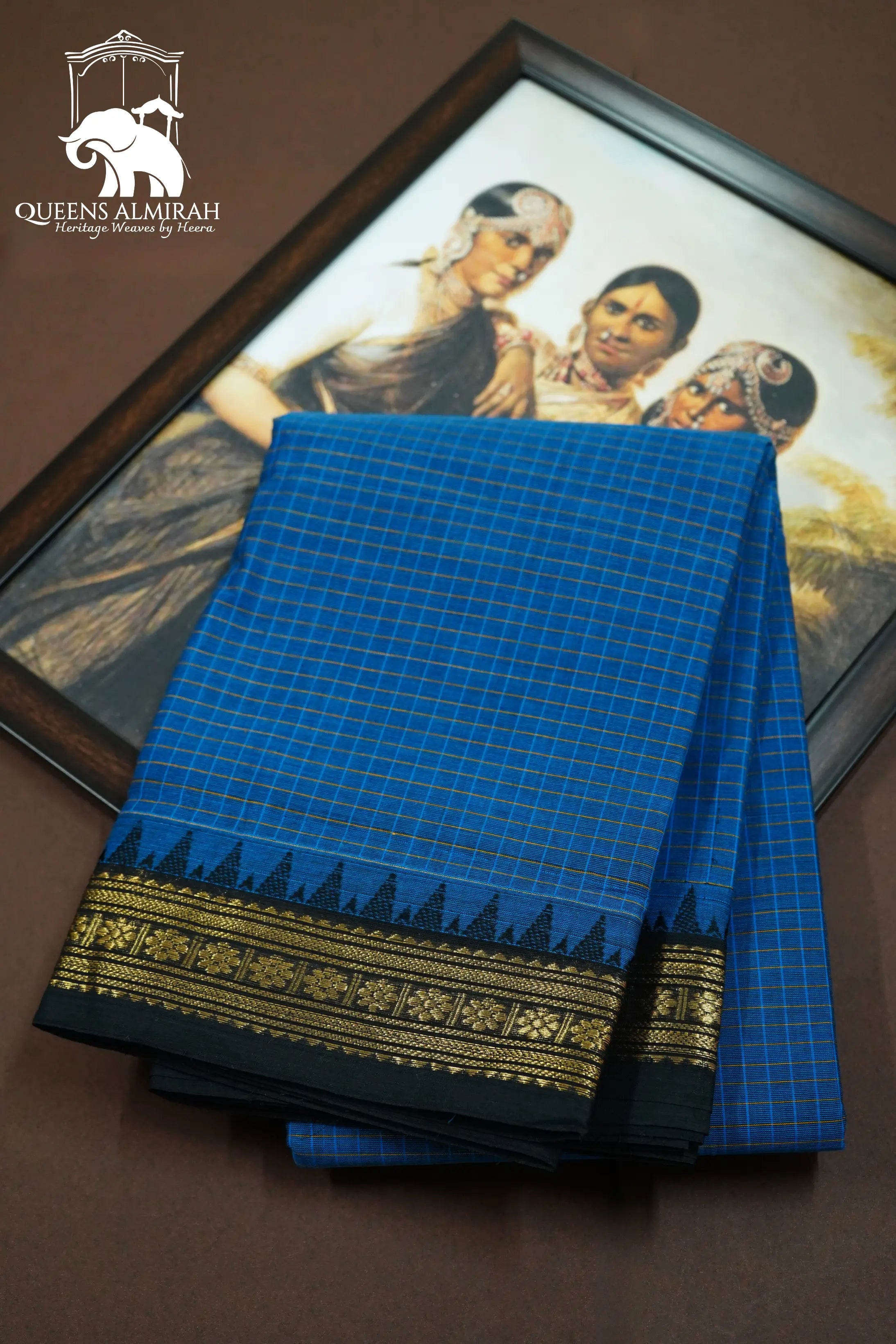 CONGRESS BLUE WITH DARK BLUE GREY KANCHI COTTON SAREE - Queens Jewel Emporium