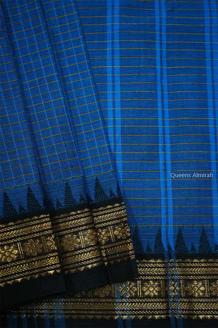 CONGRESS BLUE WITH DARK BLUE GREY KANCHI COTTON SAREE - Queens Jewel Emporium