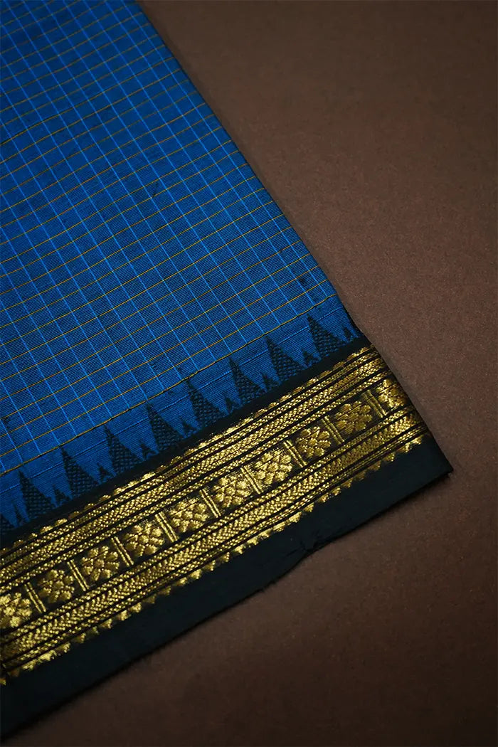 CONGRESS BLUE WITH DARK BLUE GREY KANCHI COTTON SAREE - Queens Jewel Emporium