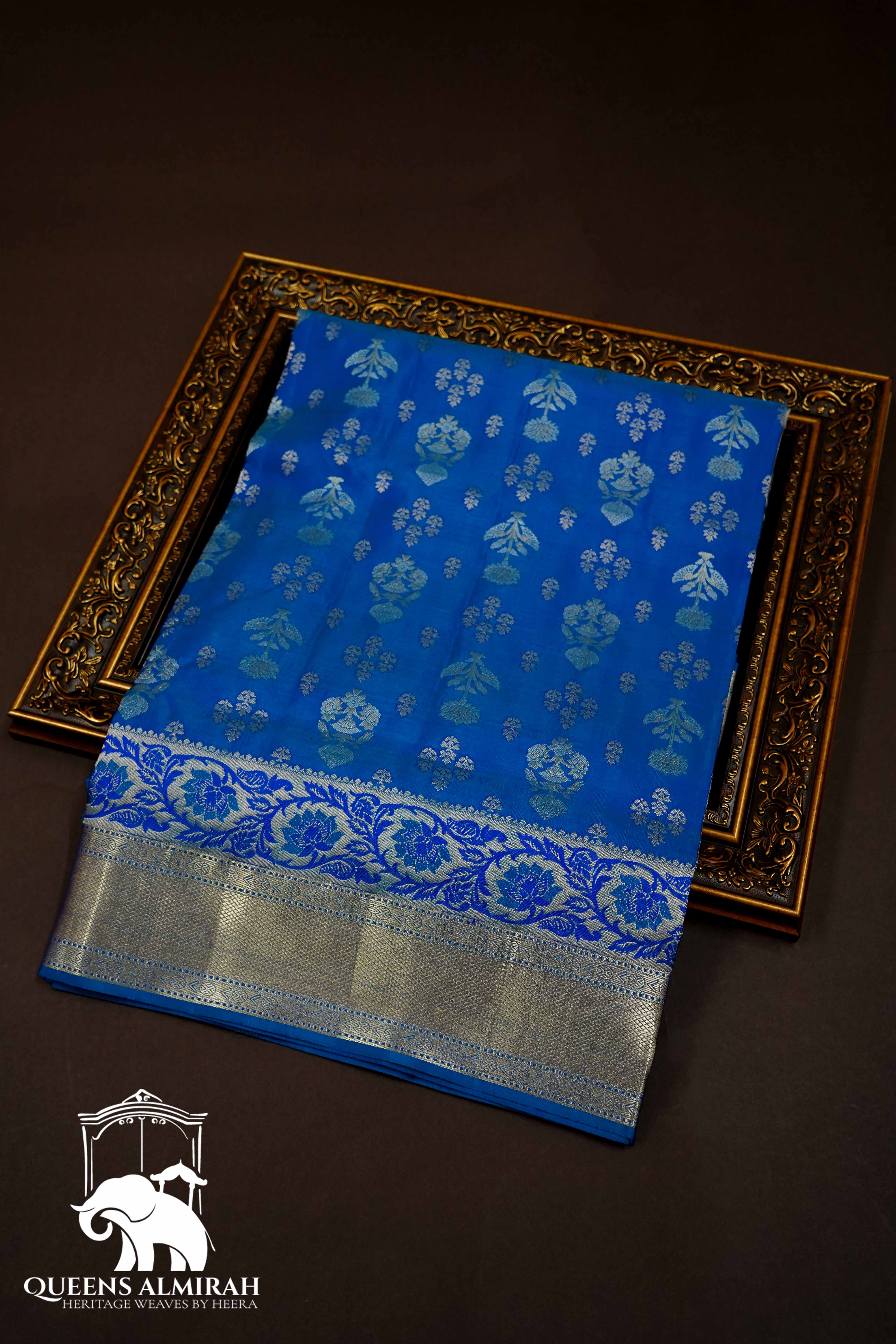 CONGRESS BLUE WITH WOVEN BORDER BANARASAI SILK SAREE - Queens Jewel Emporium