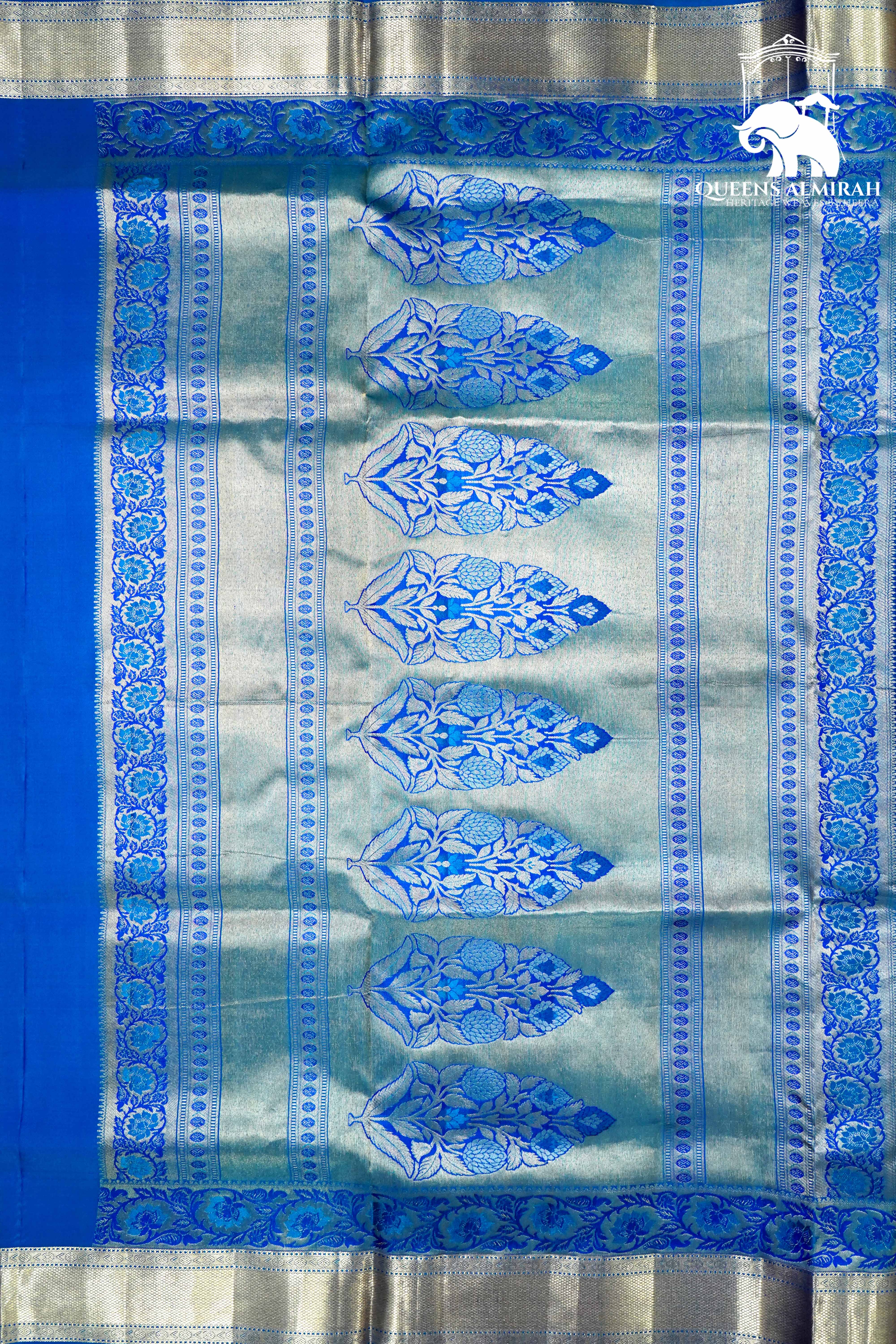 CONGRESS BLUE WITH WOVEN BORDER BANARASAI SILK SAREE - Queens Jewel Emporium