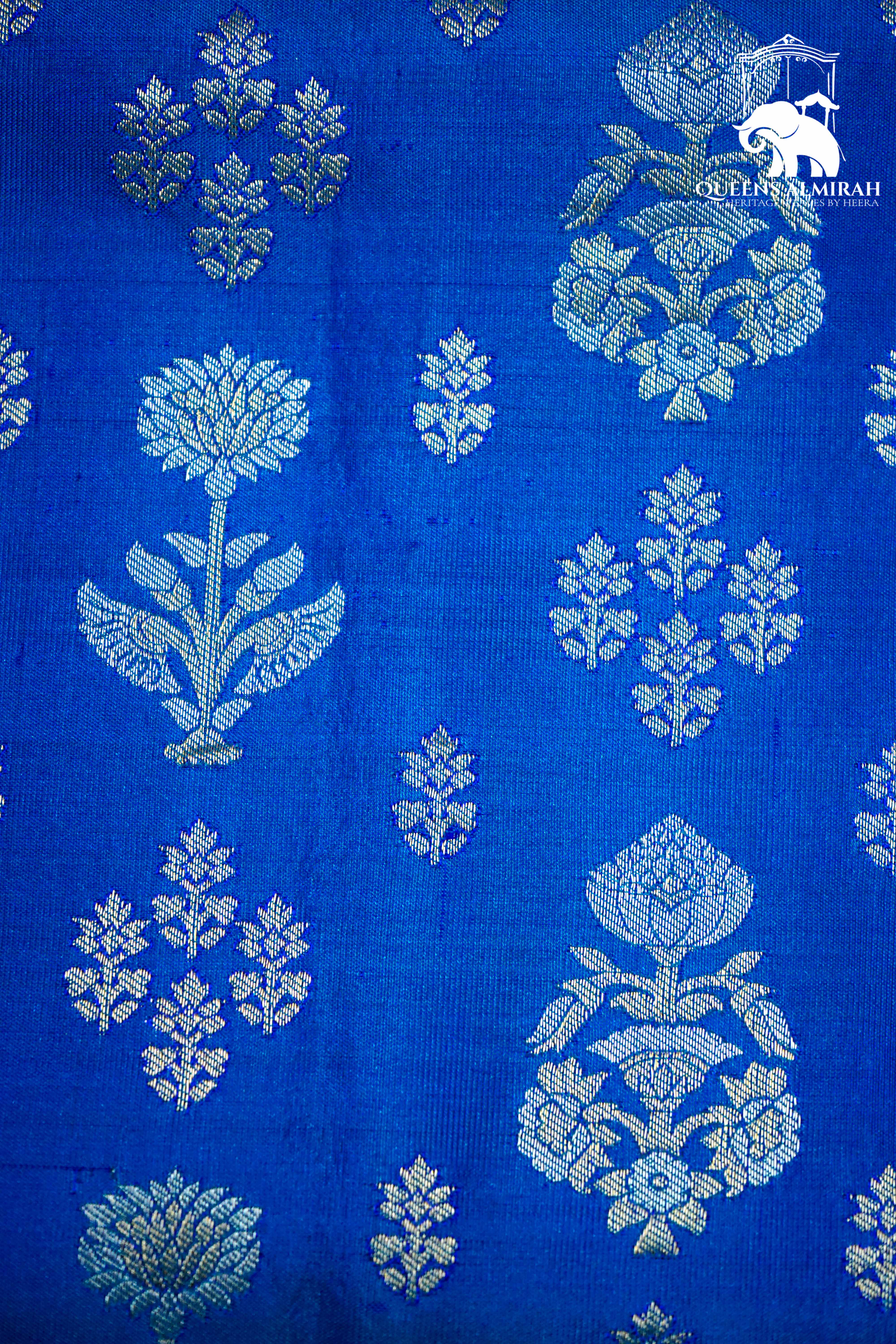 CONGRESS BLUE WITH WOVEN BORDER BANARASAI SILK SAREE - Queens Jewel Emporium