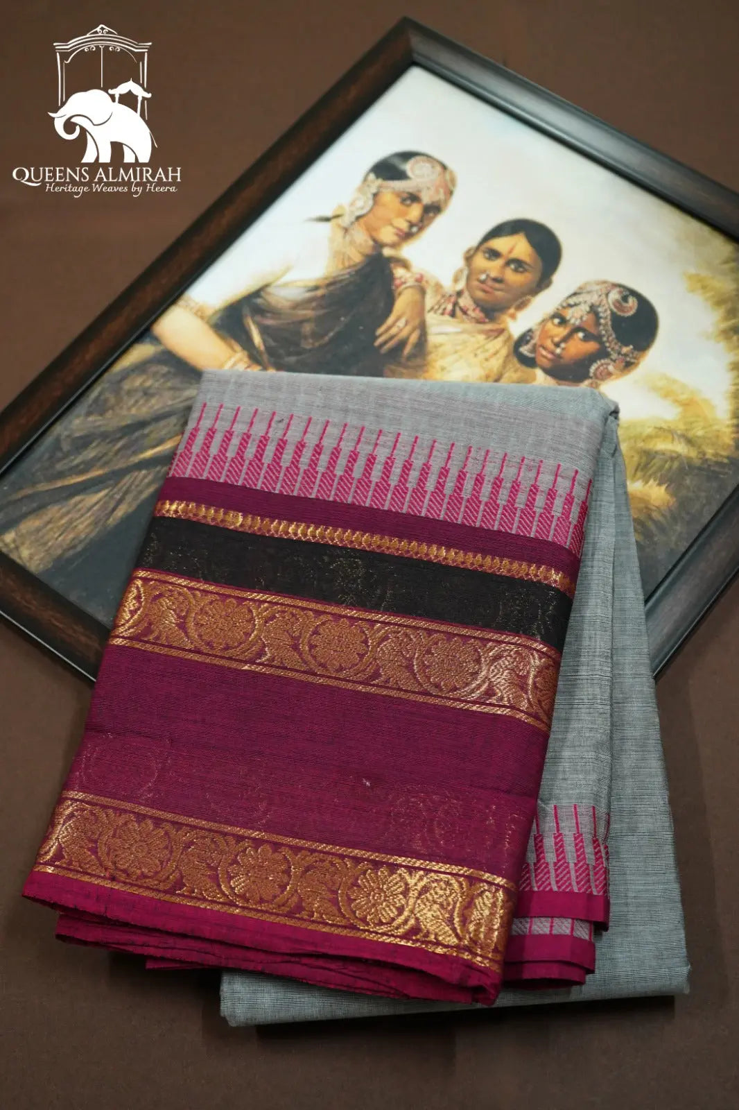 COOL GREY WITH WINE BERRY KANCHI COTTON SAREE - Queens Jewel Emporium