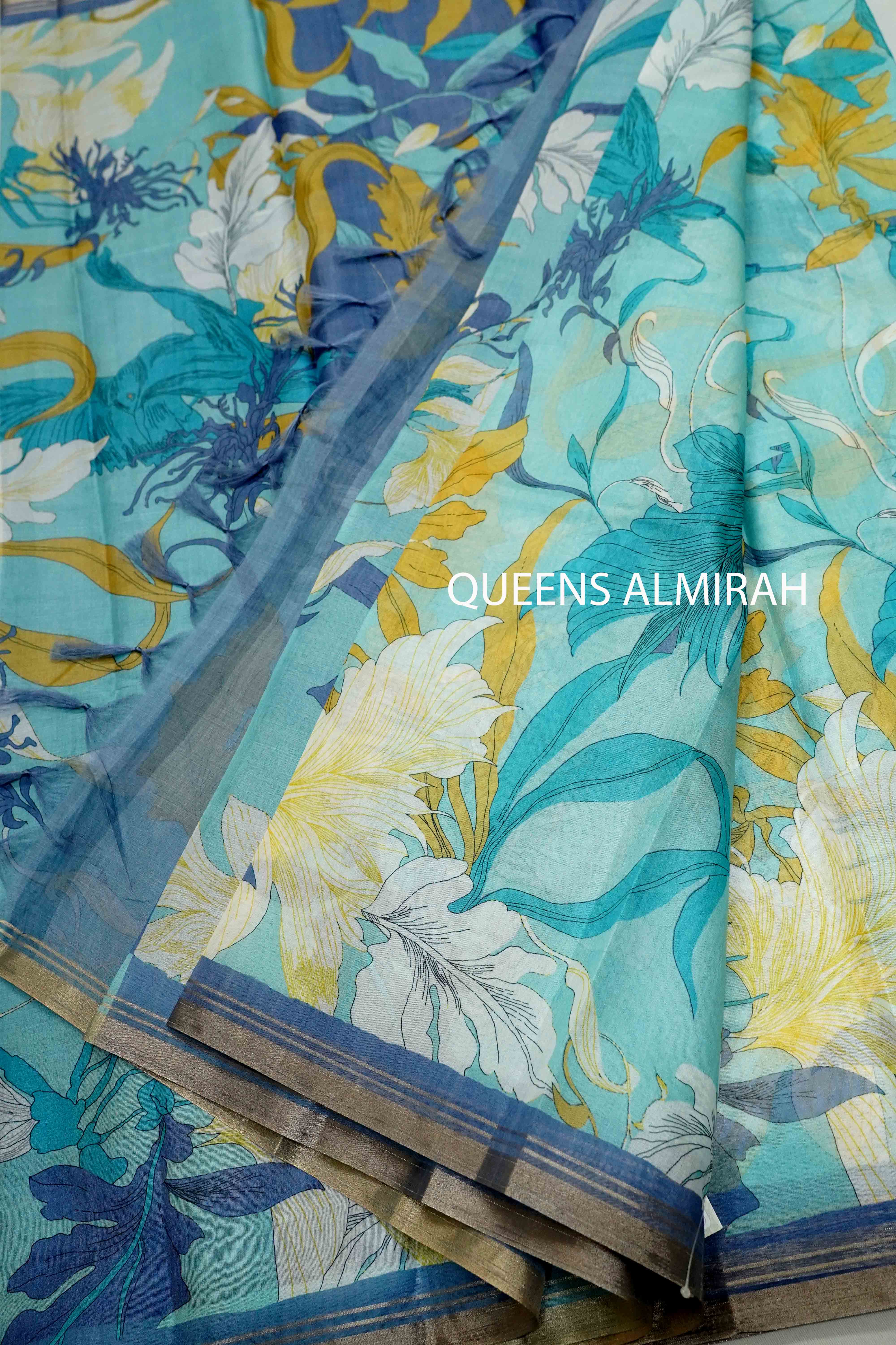 CORAL BLUE PRINTED ORGANZA SAREE - Queens Jewel Emporium