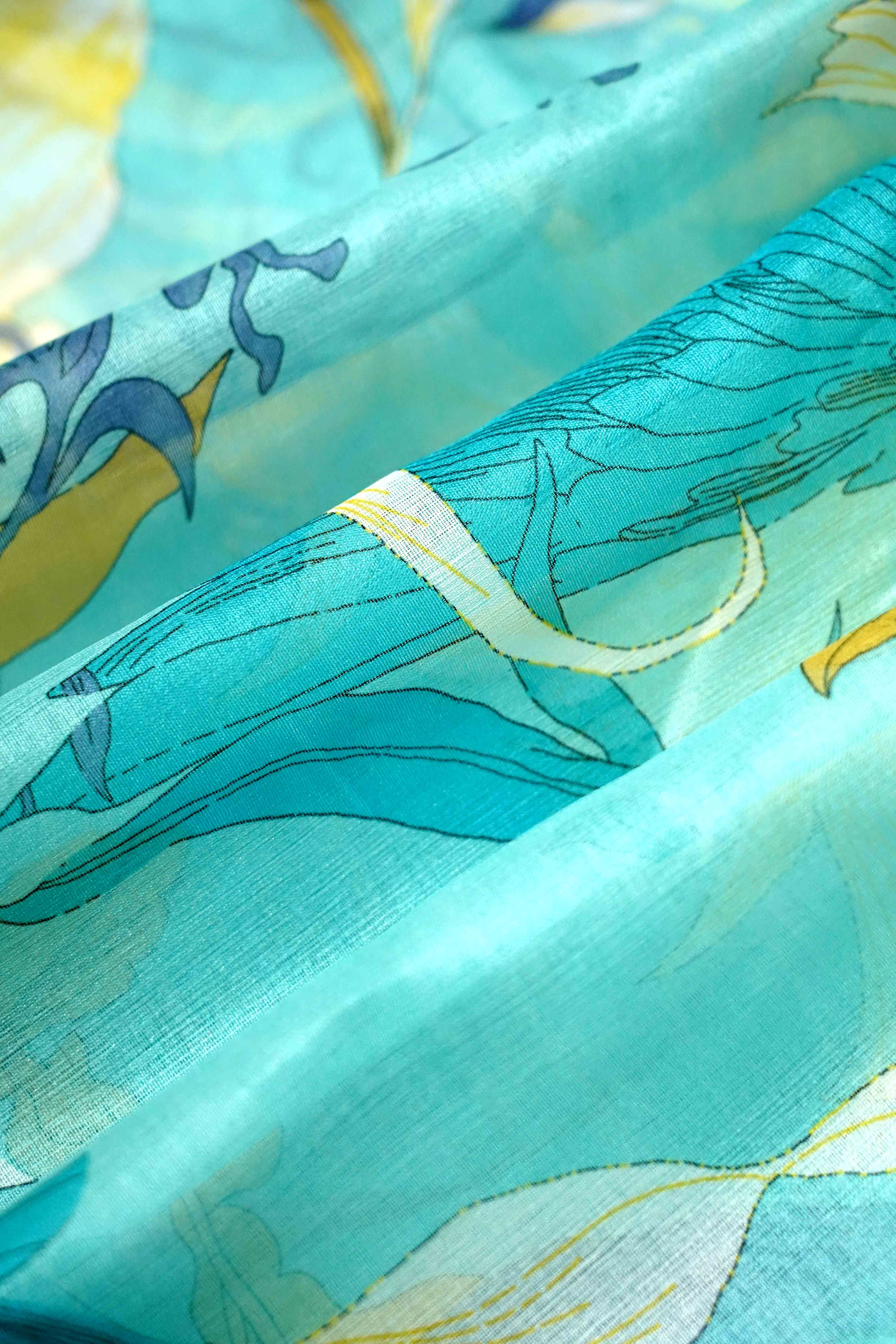 CORAL BLUE PRINTED ORGANZA SAREE - Queens Jewel Emporium
