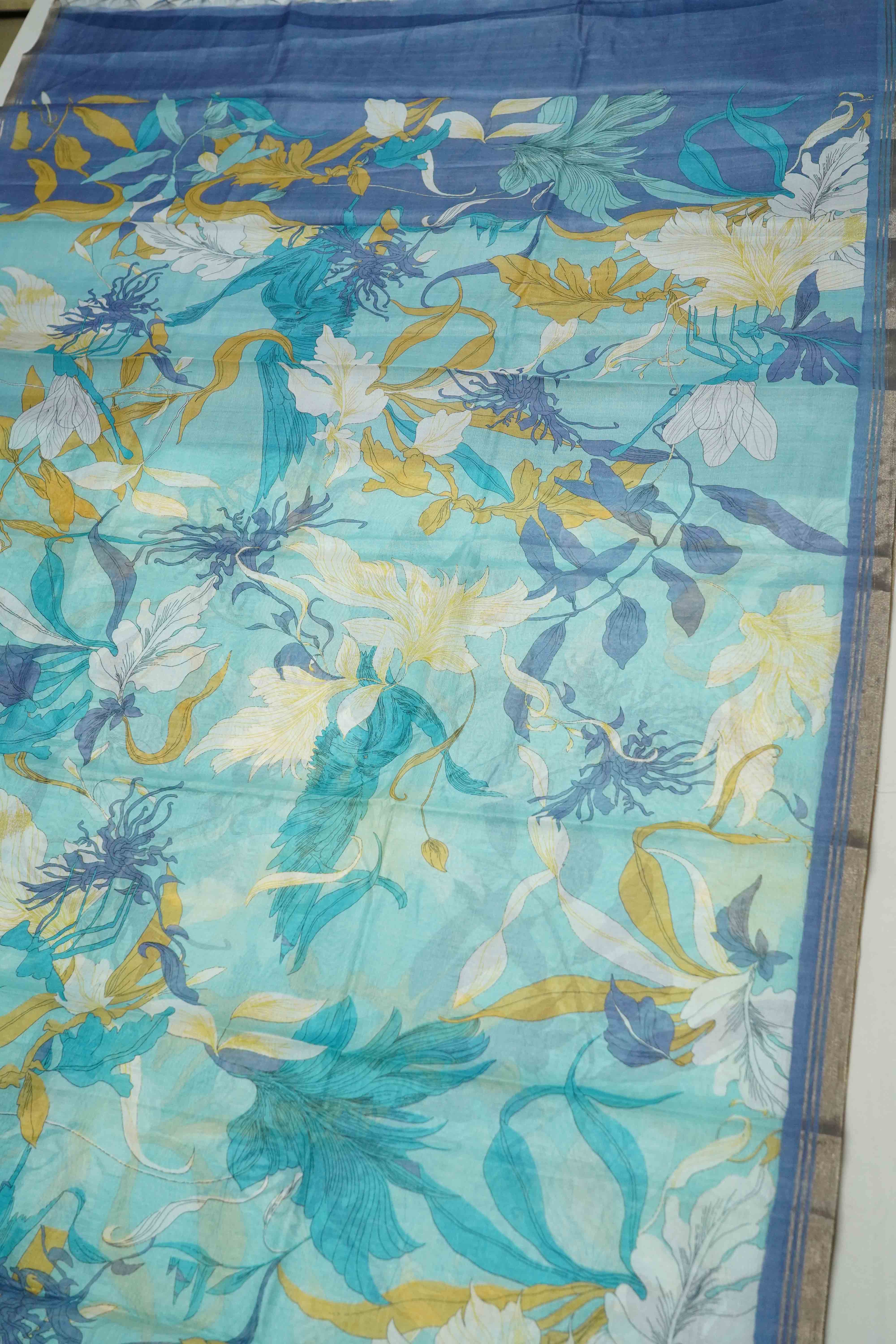 CORAL BLUE PRINTED ORGANZA SAREE - Queens Jewel Emporium
