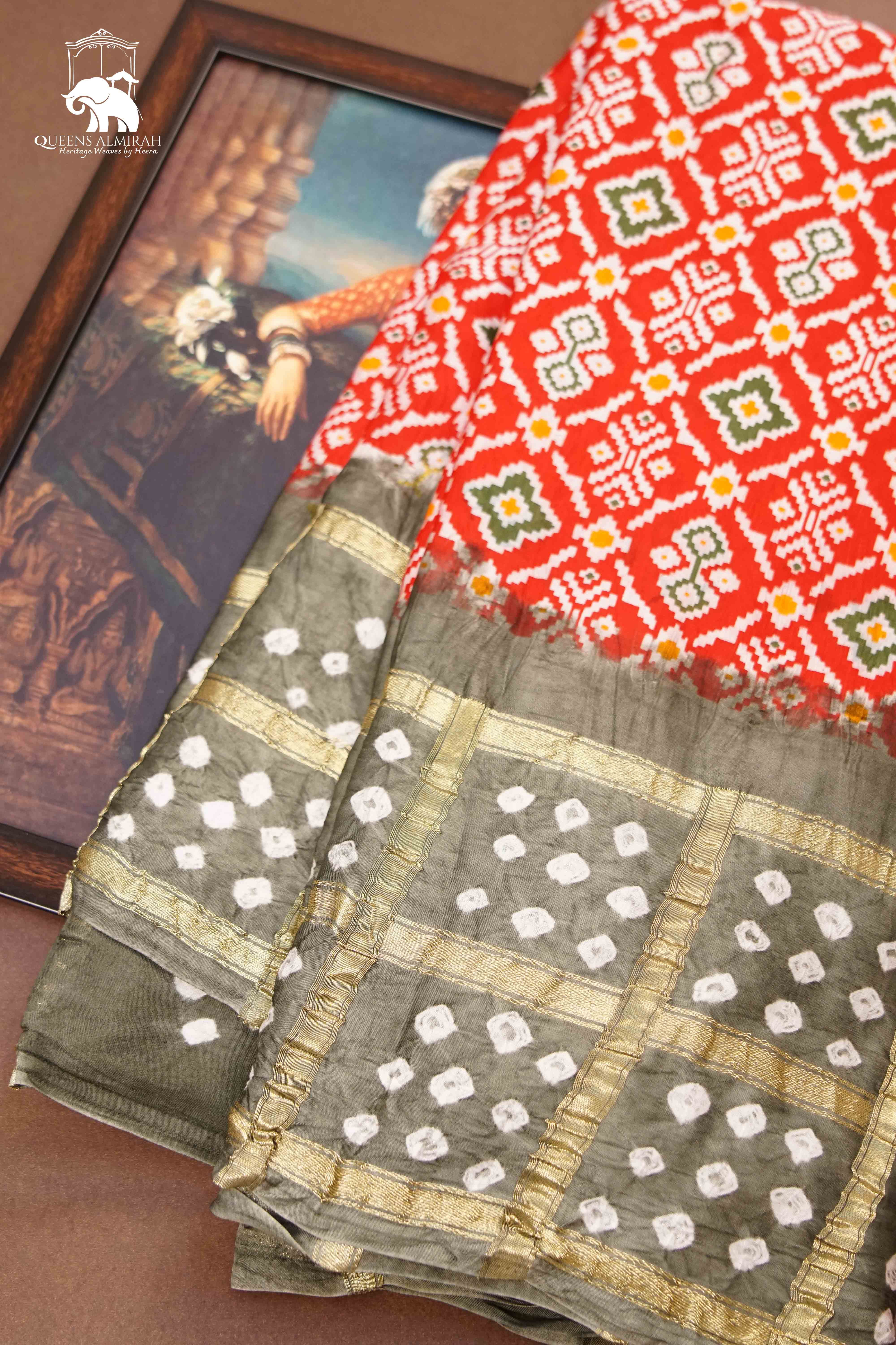 CORAL RED WITH ARMY BROWN  MODAL SILK SAREE - Queens Jewel Emporium