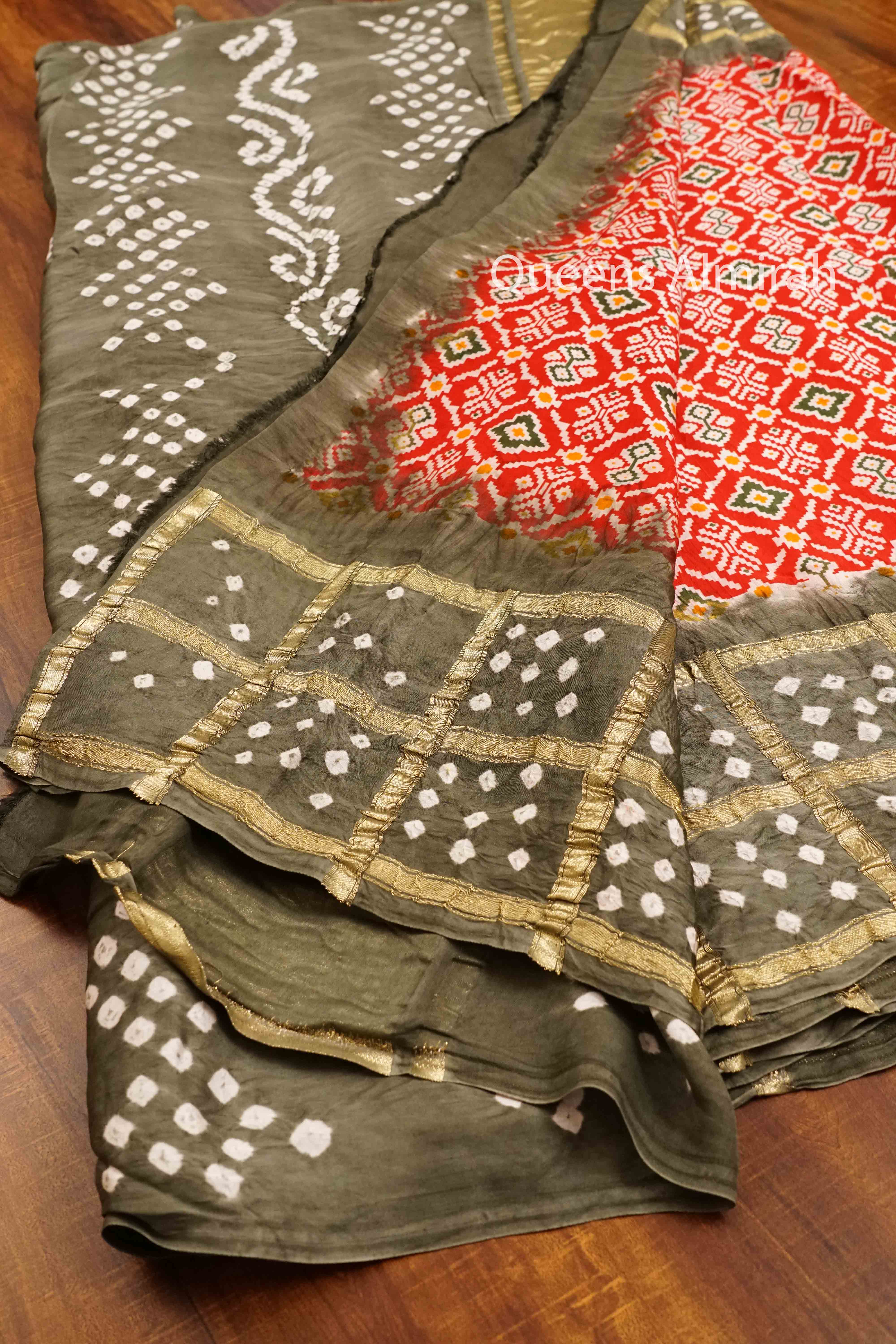 CORAL RED WITH ARMY BROWN  MODAL SILK SAREE - Queens Jewel Emporium