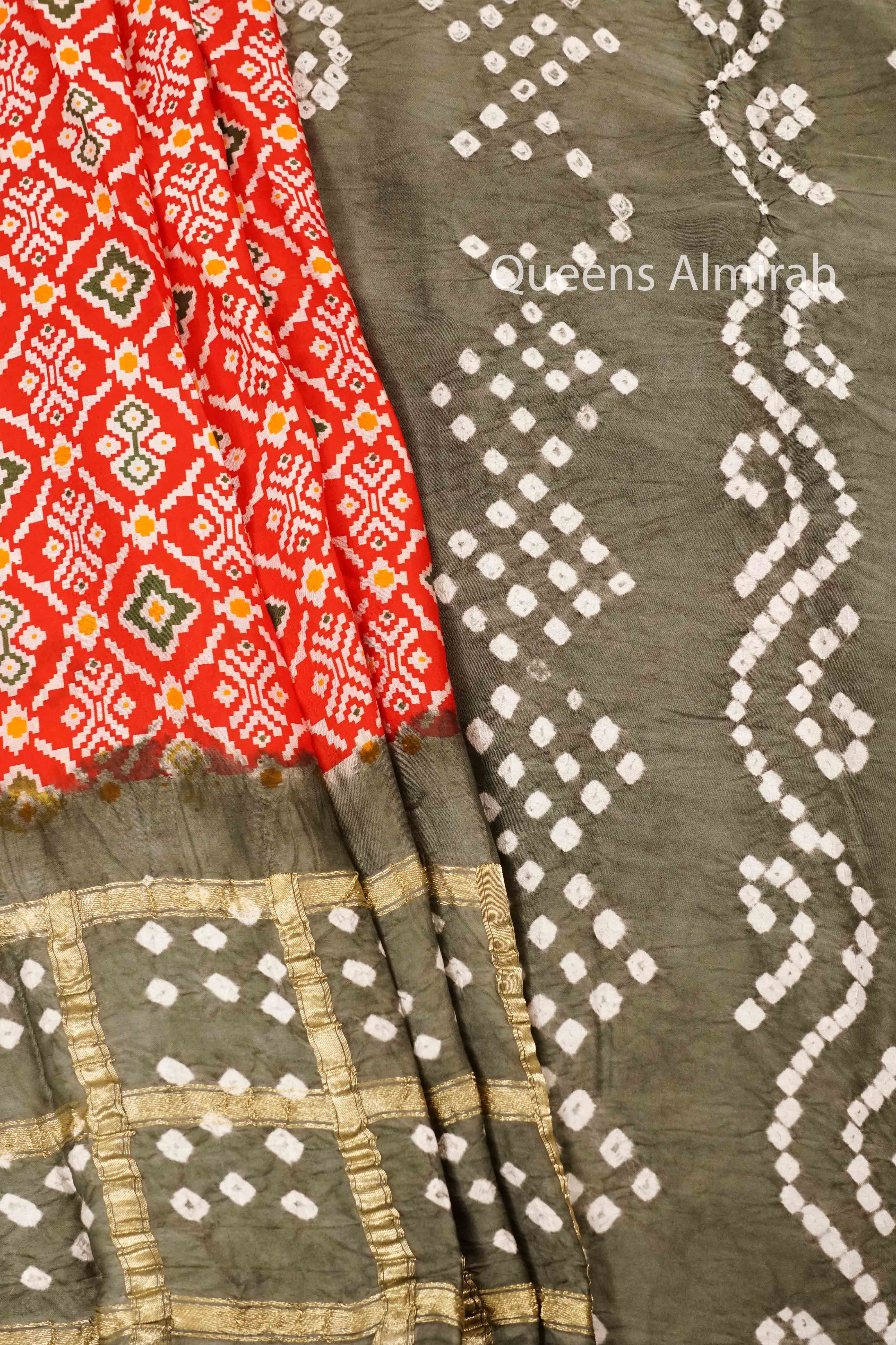 CORAL RED WITH ARMY BROWN  MODAL SILK SAREE - Queens Jewel Emporium