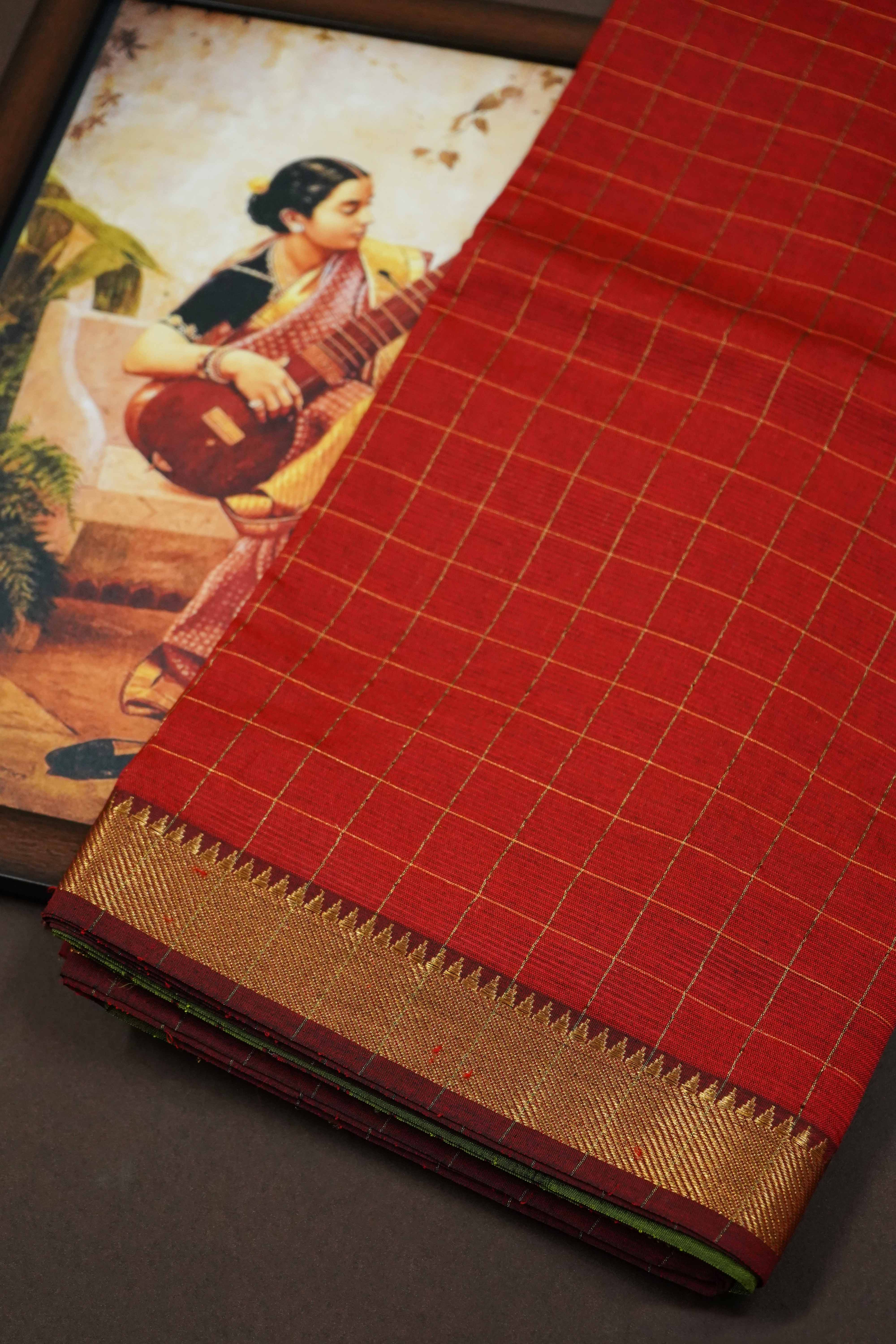 CORAL RED WITH PARROT GREEN MANGALGIRI SAREE - Queens Jewel Emporium