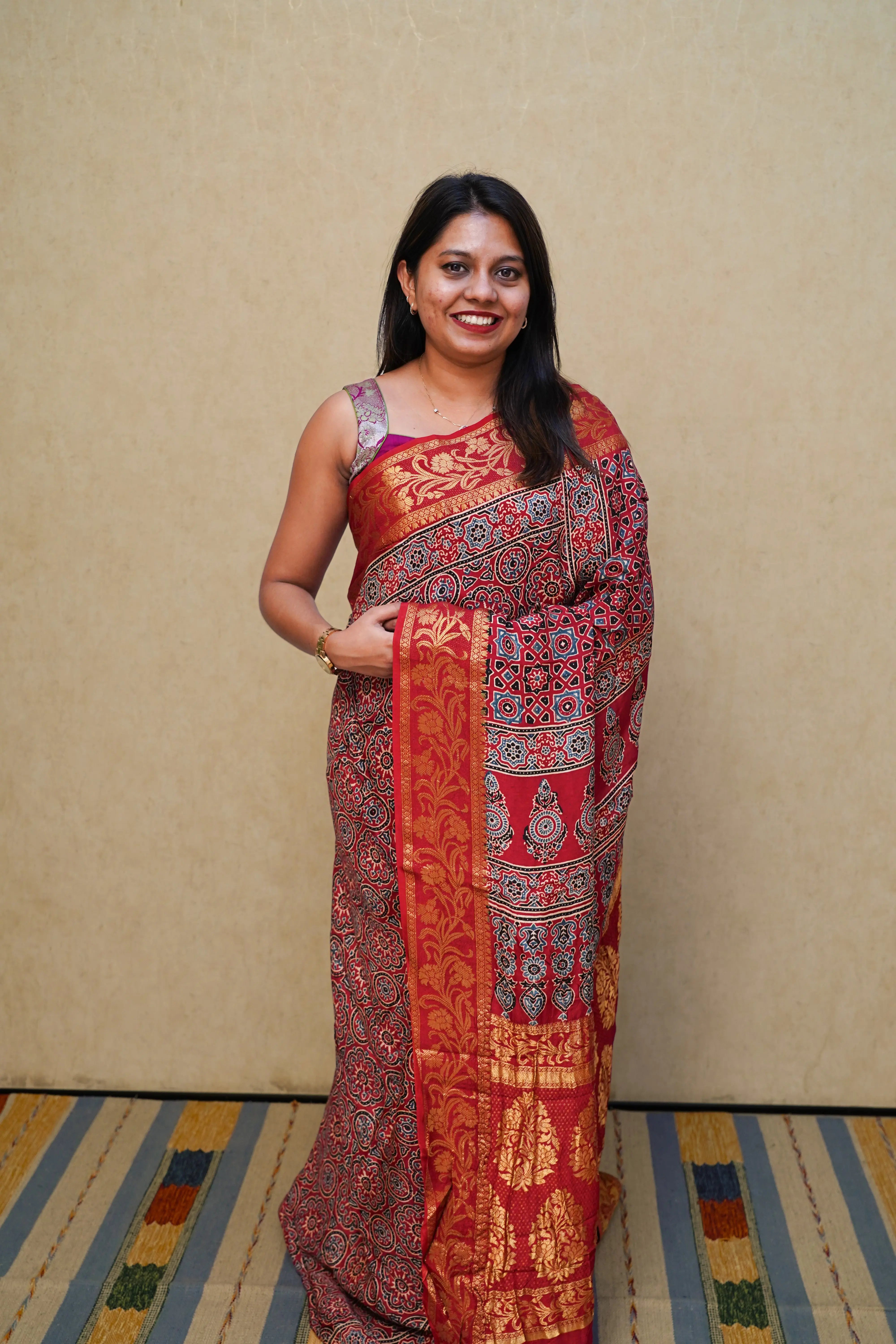CORNELL RED  DOLA AJARAKH SILK SAREE - Queens Jewel Emporium