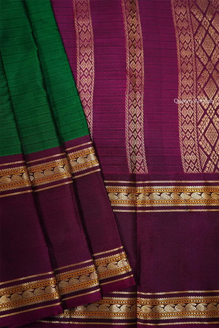 COUNTY GREEN WITH SEAL BROWN PURE KANCHIVARAM SILK SAREE - Queens Jewel Emporium