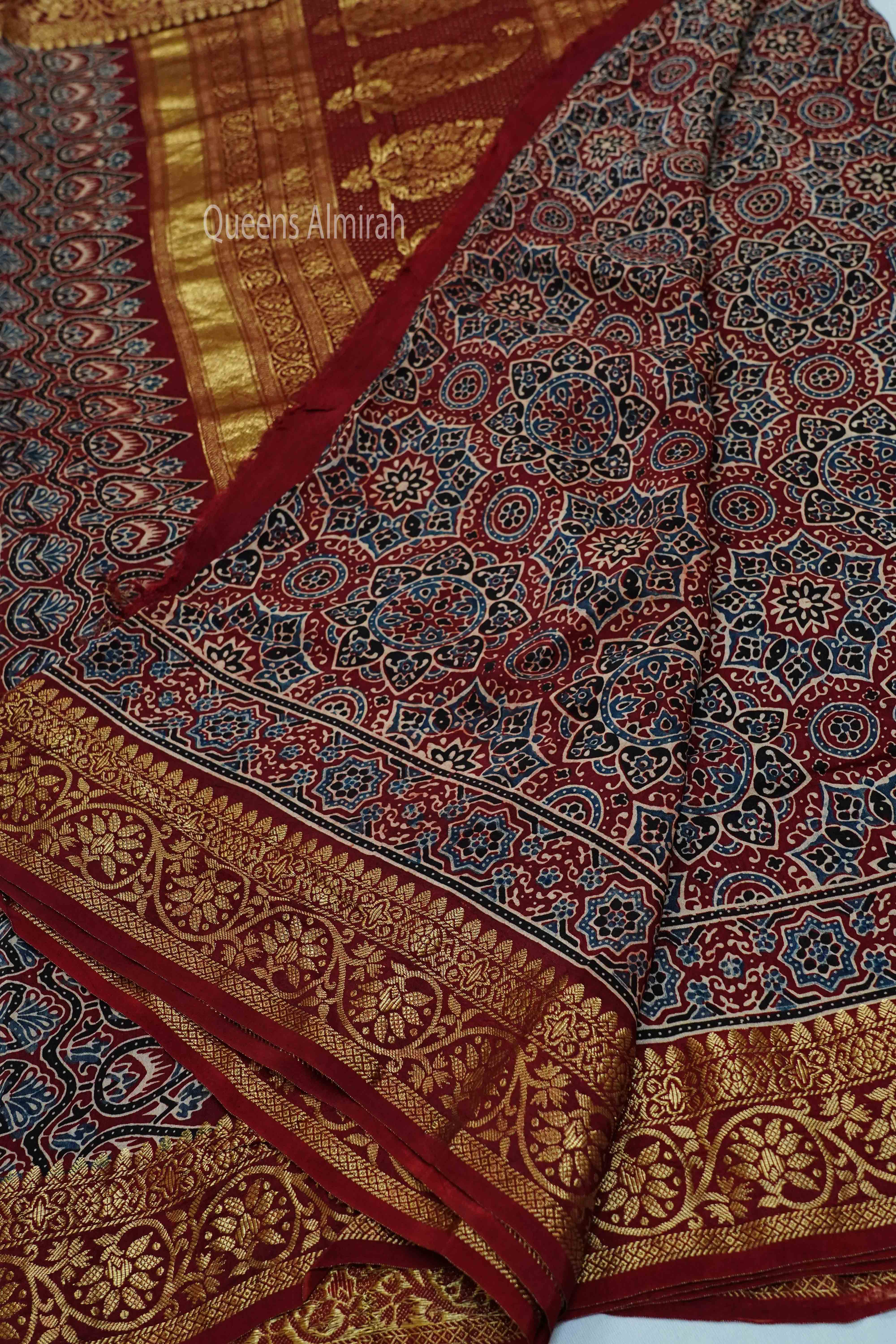 CRIMSON RED DOLA AJARAKH SILK SAREE2 - Queens Jewel Emporium