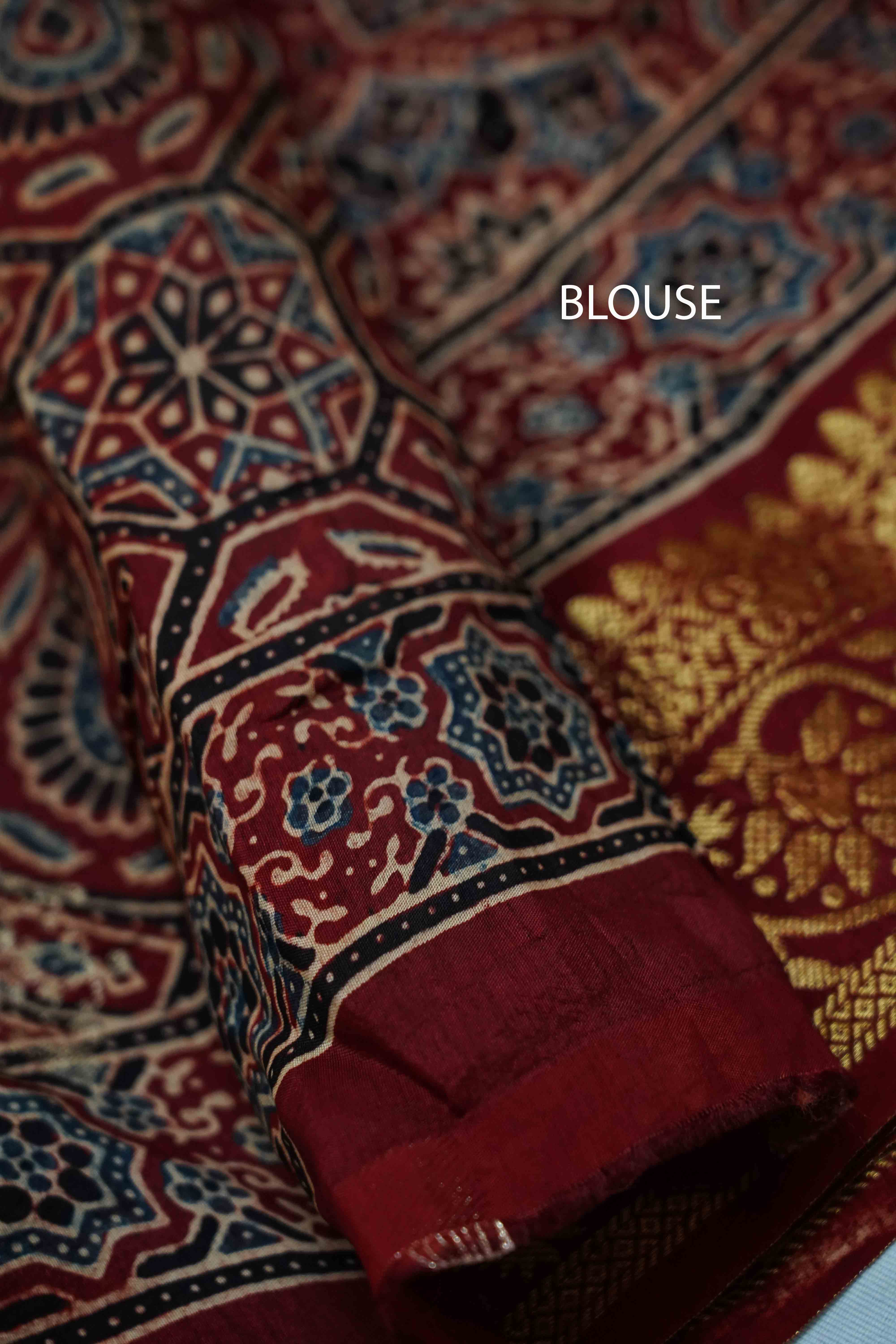 CRIMSON RED DOLA AJARAKH SILK SAREE2 - Queens Jewel Emporium