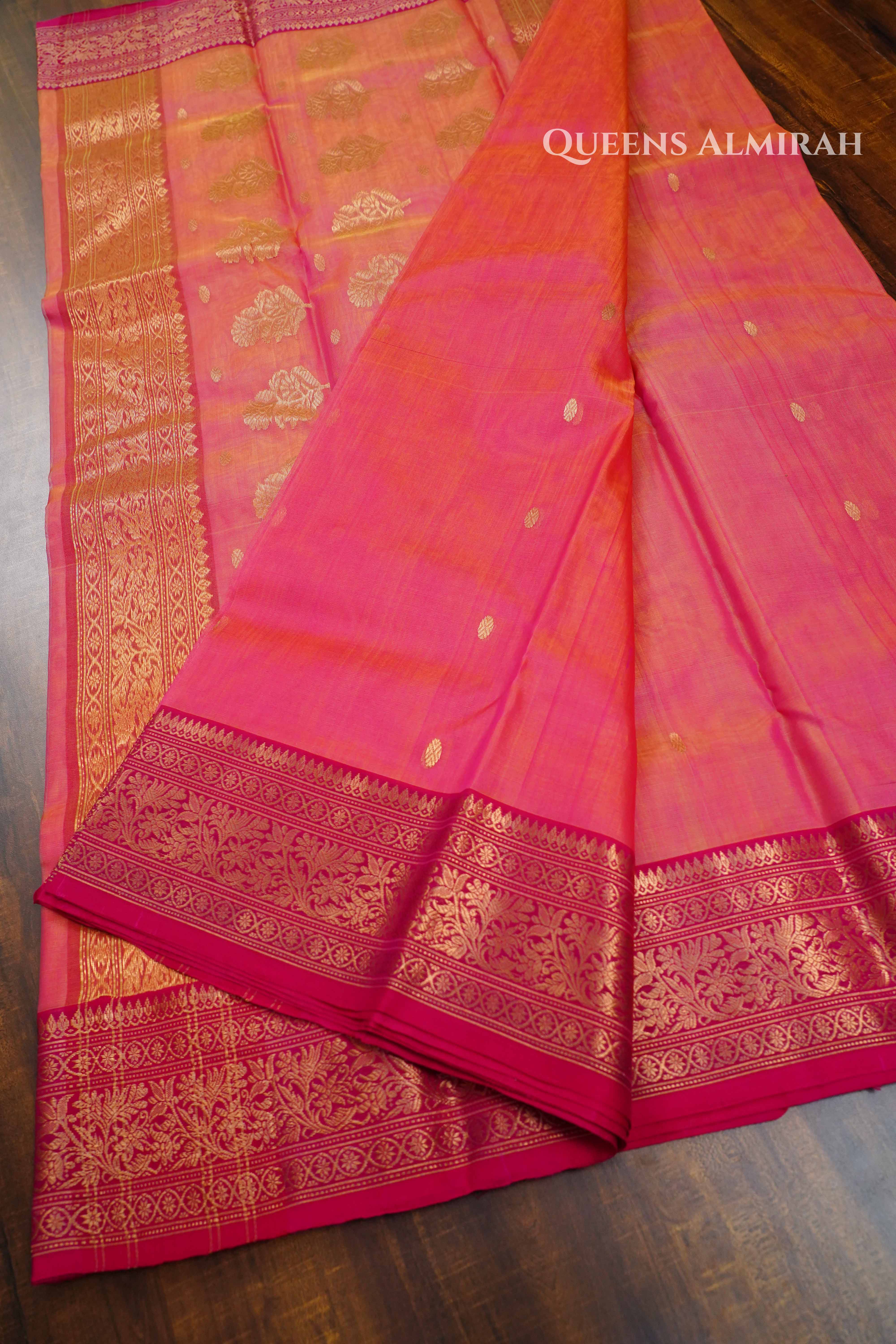 Carmine Pink Chanderi Katan Silk Handloom Saree QUEENS ALMIRAH