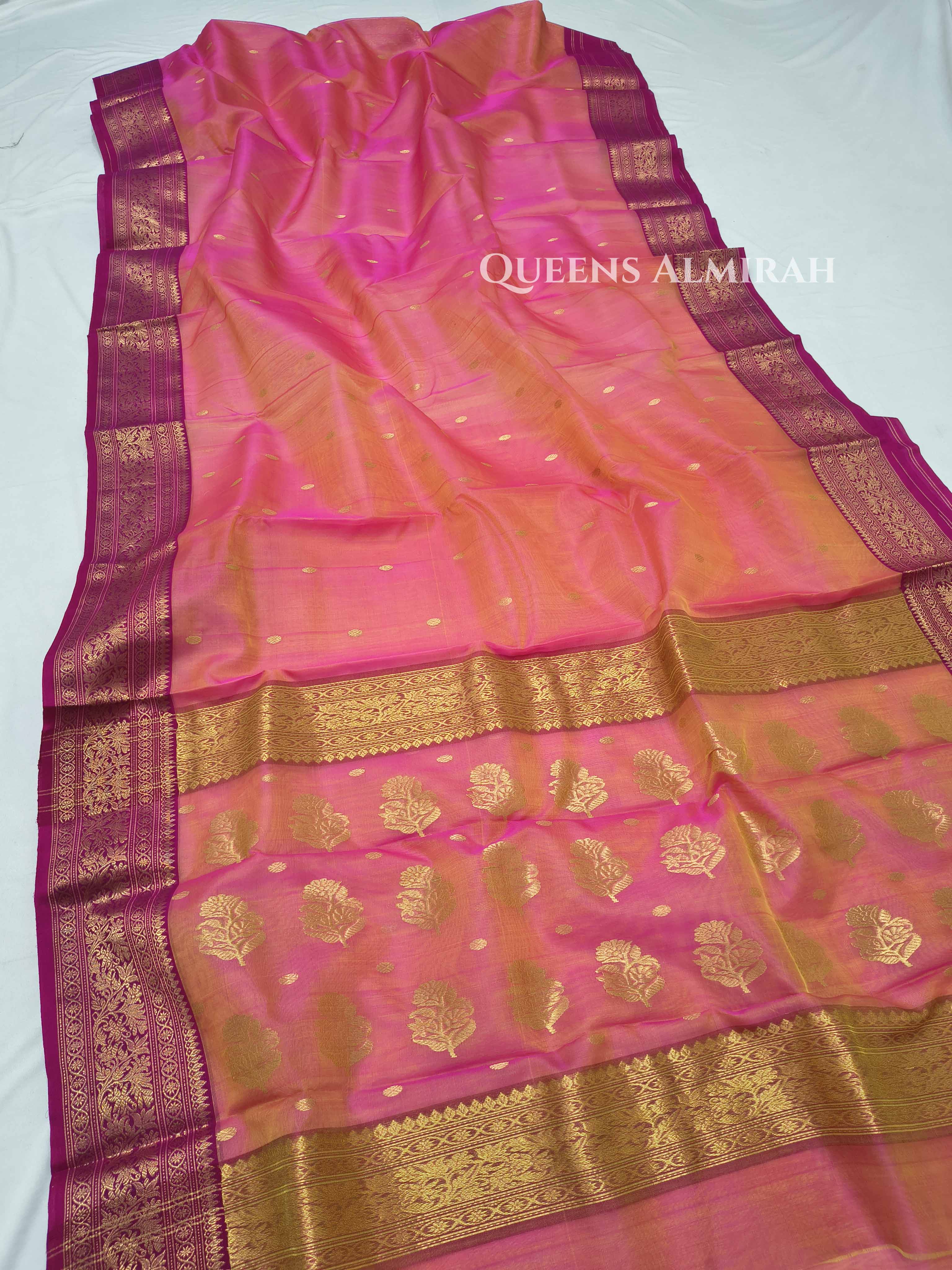 Carmine Pink Chanderi Katan Silk Handloom Saree QUEENS ALMIRAH
