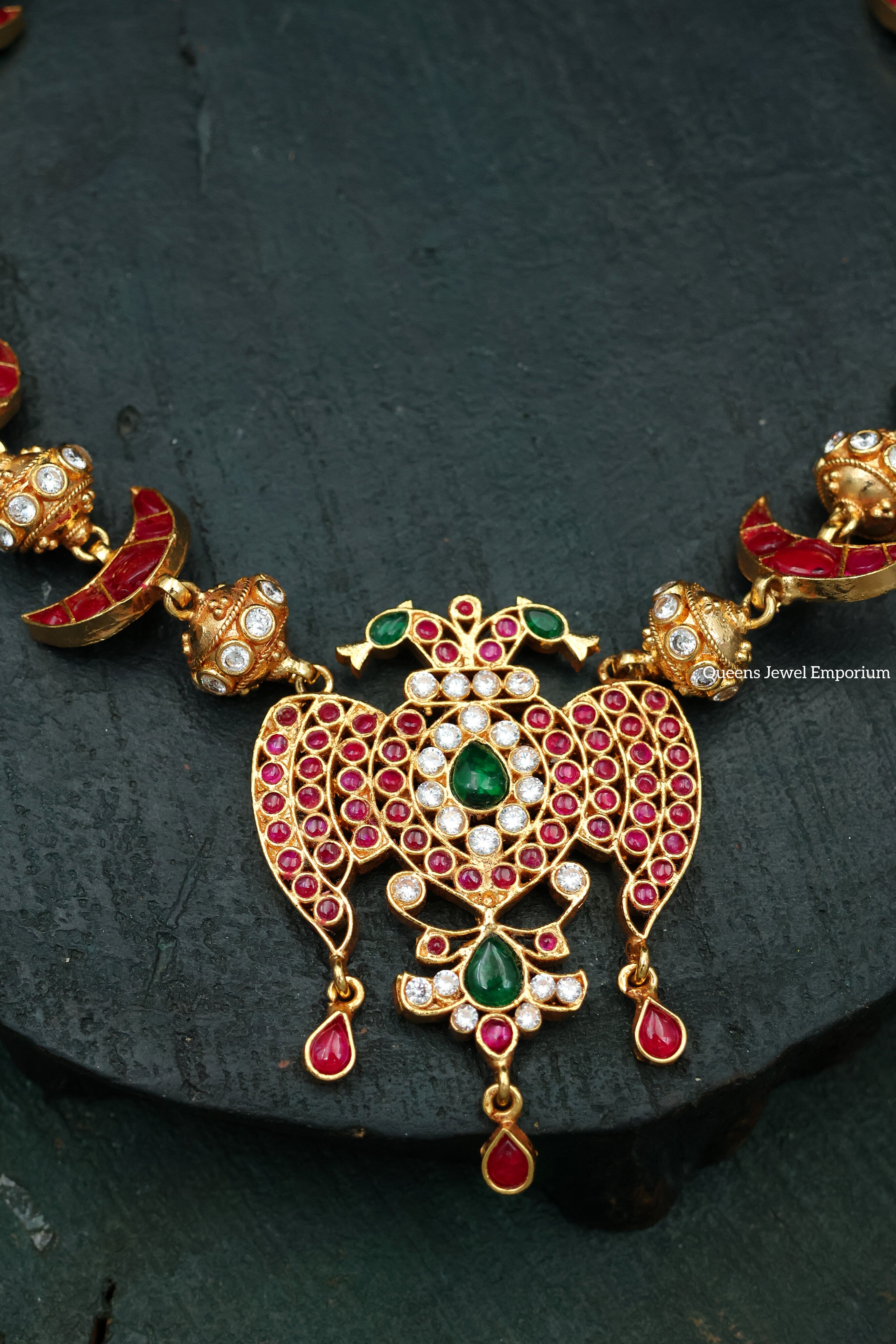 Red color stone haram-Moon shaped design jewellery