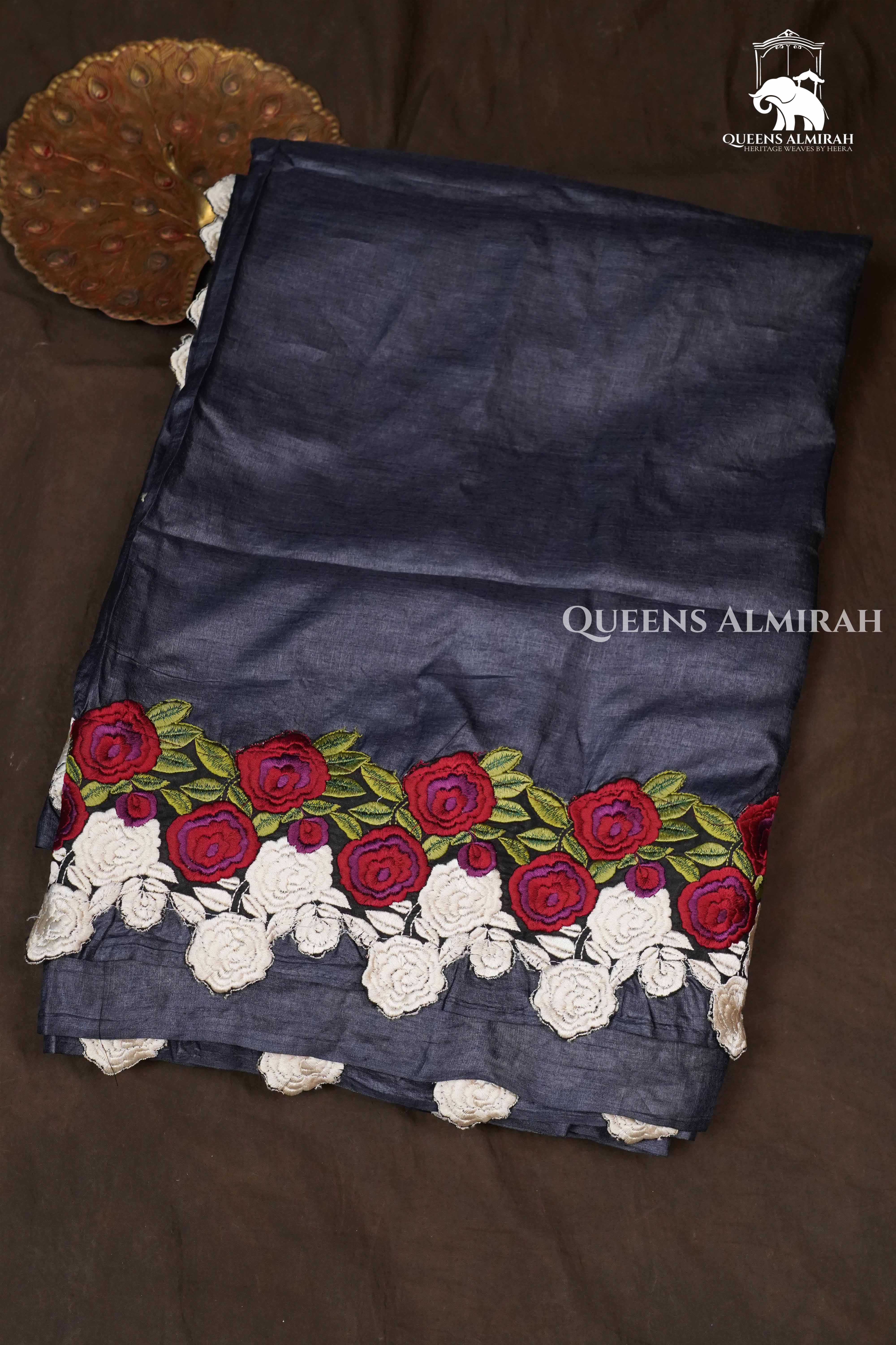 Charcoal Grey Pure Tussar Silk Saree QUEENS ALMIRAH