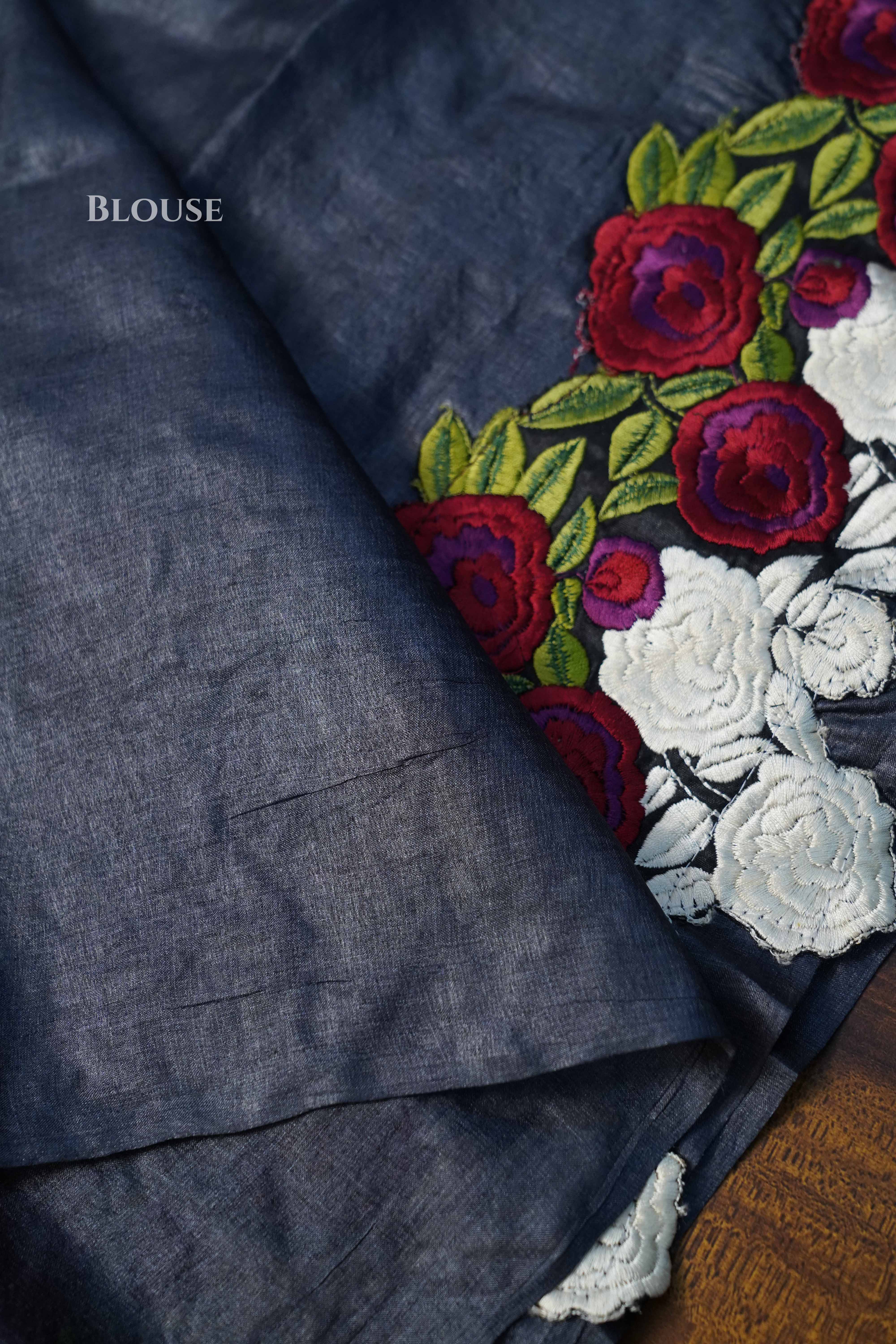 Charcoal Grey Pure Tussar Silk Saree QUEENS ALMIRAH