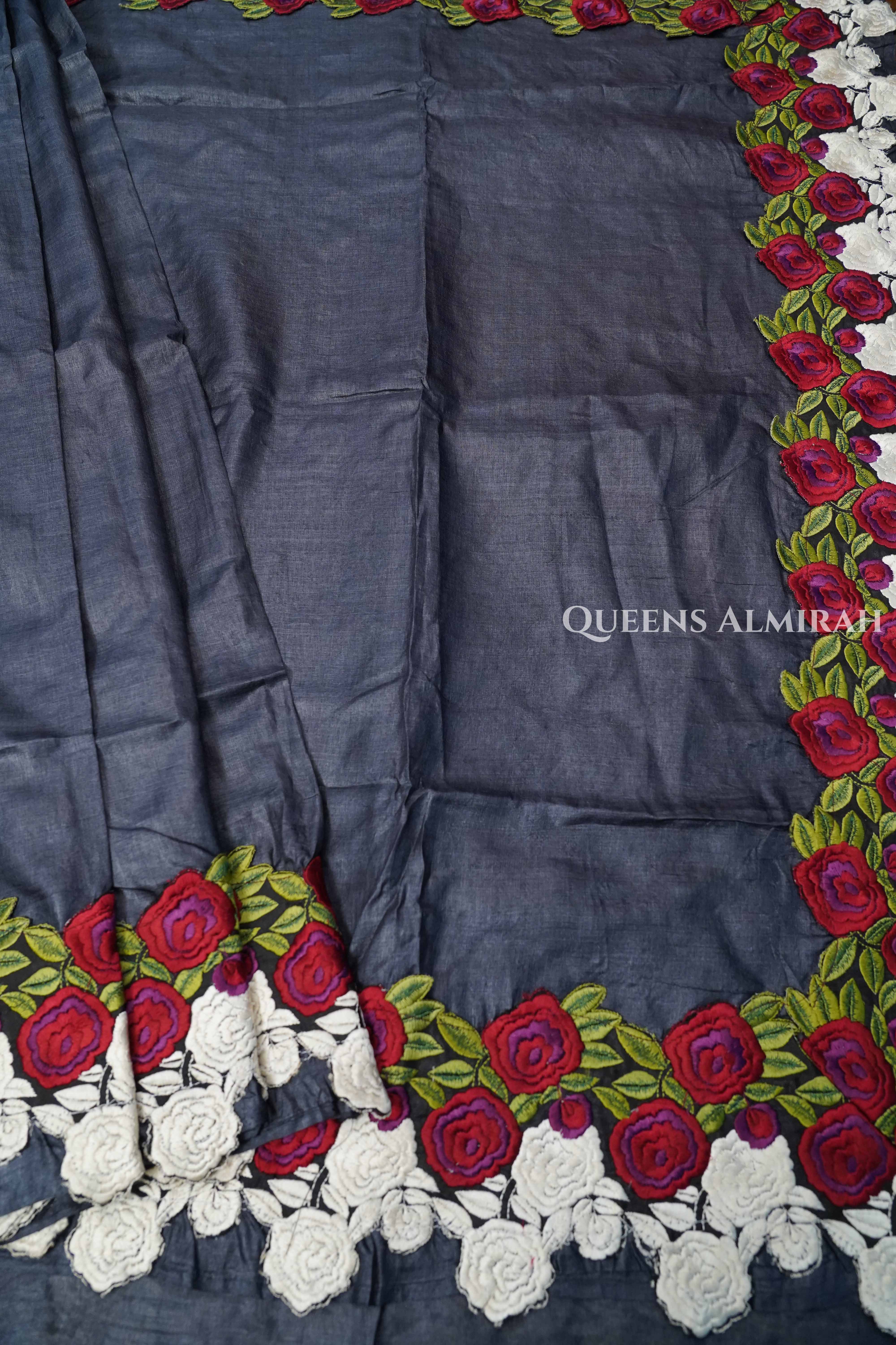 Charcoal Grey Pure Tussar Silk Saree QUEENS ALMIRAH