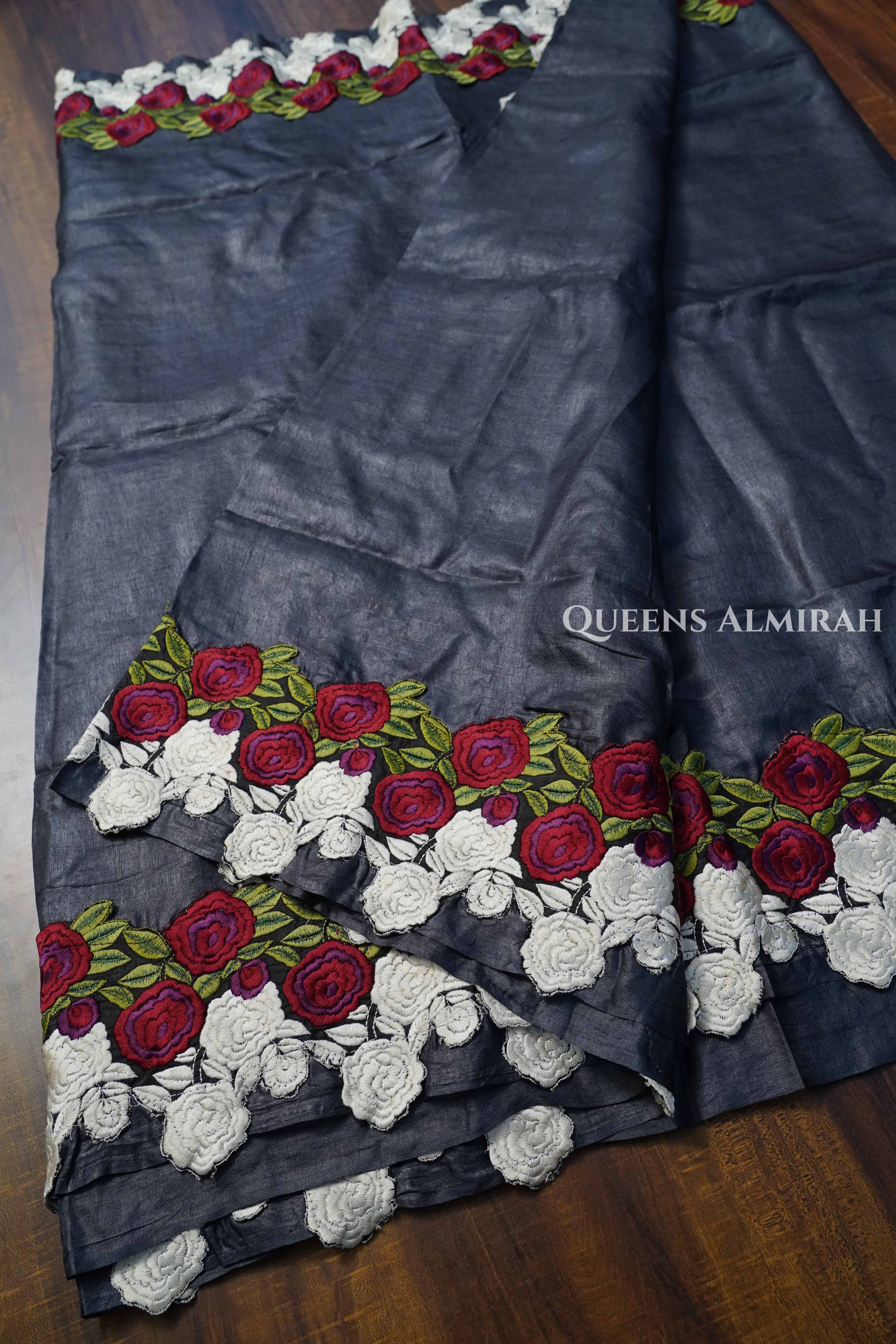 Charcoal Grey Pure Tussar Silk Saree QUEENS ALMIRAH