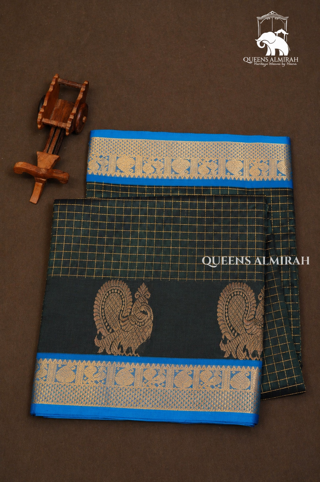 Dark Green Kattam With Blue Pure Silk Cotton Saree