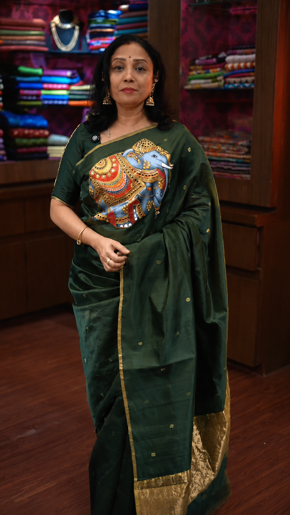 Dark Botttle Green Gajamukhi Katan Chanderi Silk Saree