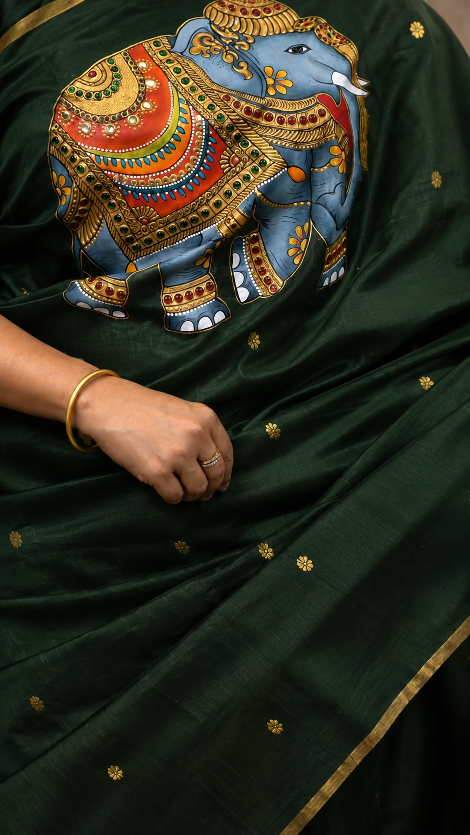Dark Botttle Green Gajamukhi Katan Chanderi Silk Saree