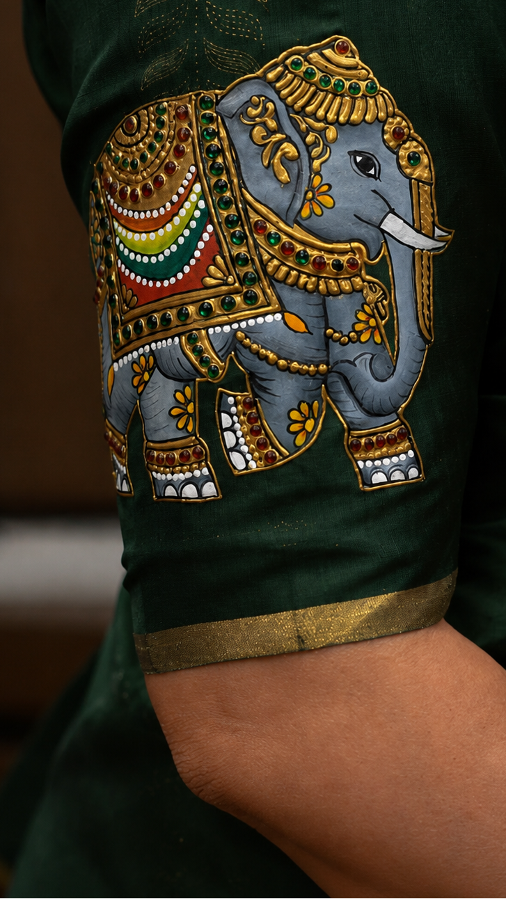 Dark Botttle Green Gajamukhi Katan Chanderi Silk Saree