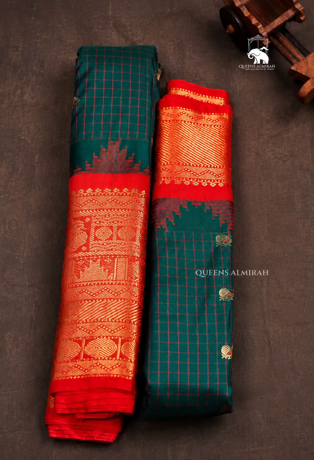 Dark Green Kattam With Red Semi Gadwal Silk Saree